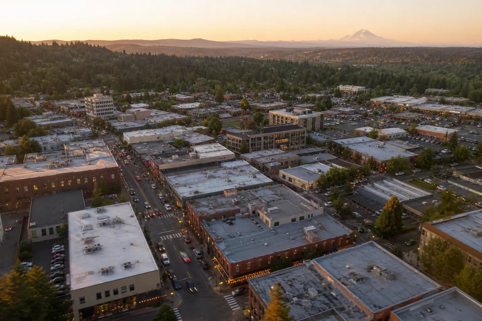 Aerial view of Lakewood restaurant district at golden hour