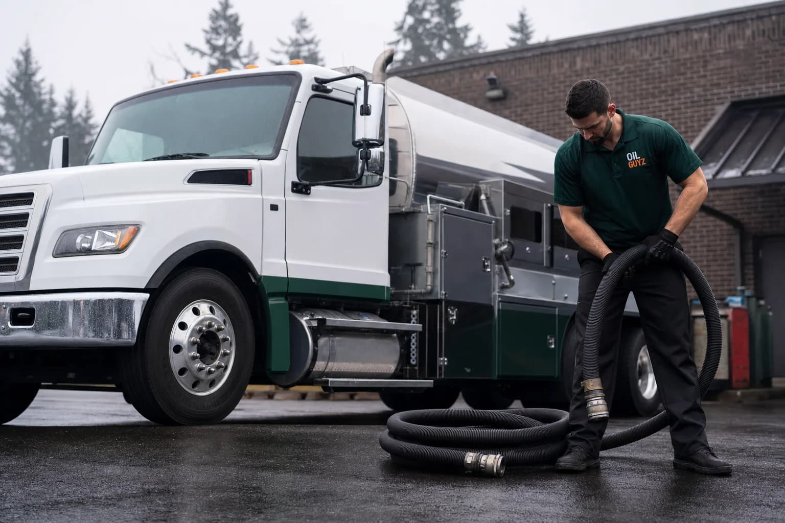 Free used cooking oil pickup at a Lakewood restaurant — unbranded white pump truck with hunter-green Oil Guyz technician