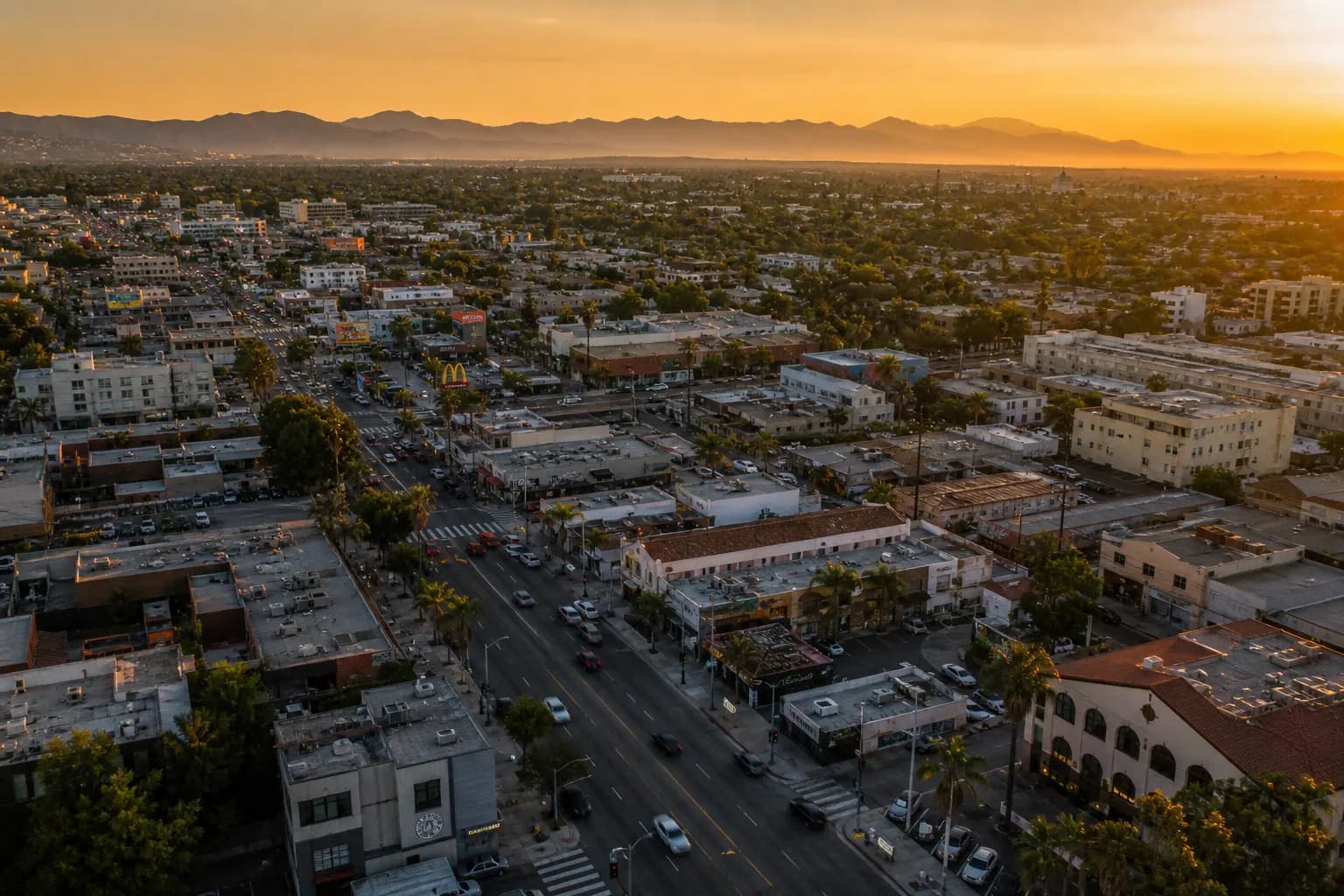 Aerial view of Lawndale restaurant district at golden hour