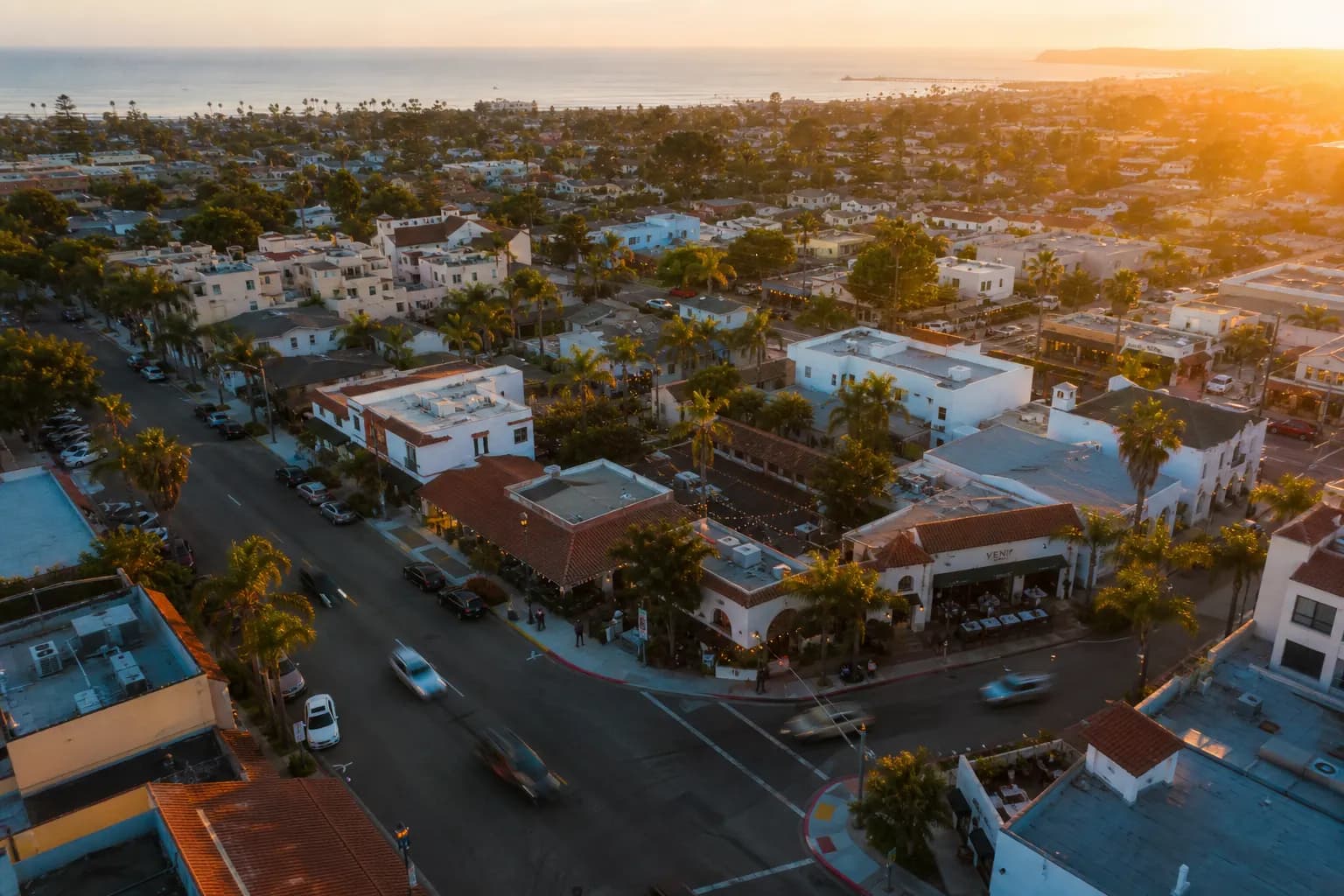 Aerial view of Lemon Grove restaurant district at golden hour