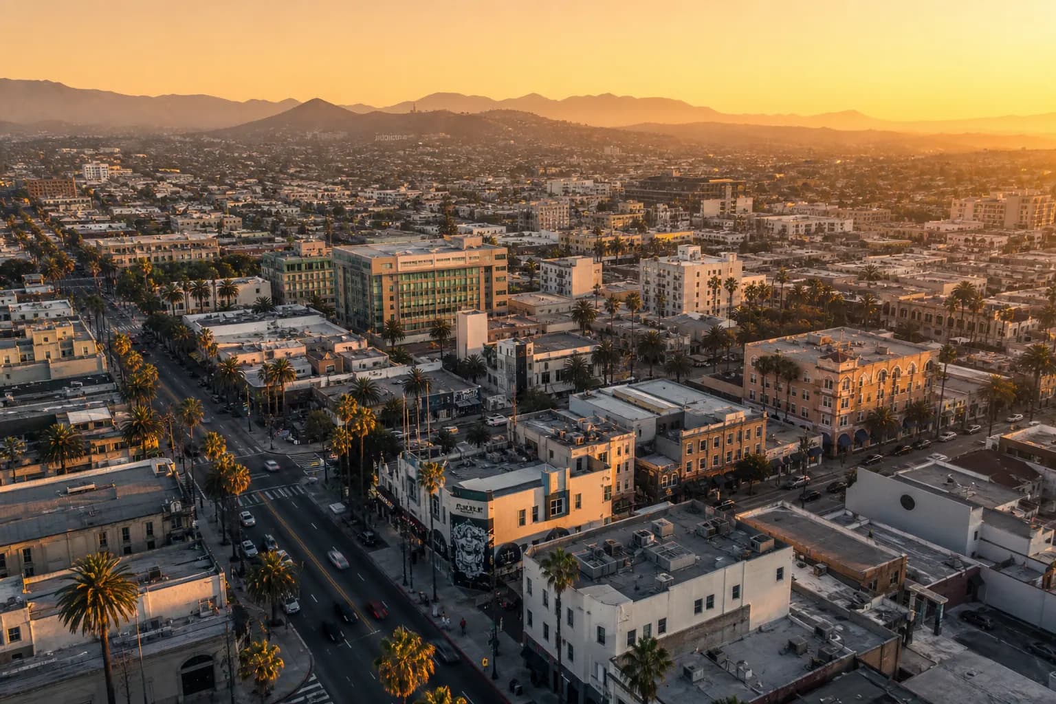 Aerial view of Long Beach restaurant district at golden hour