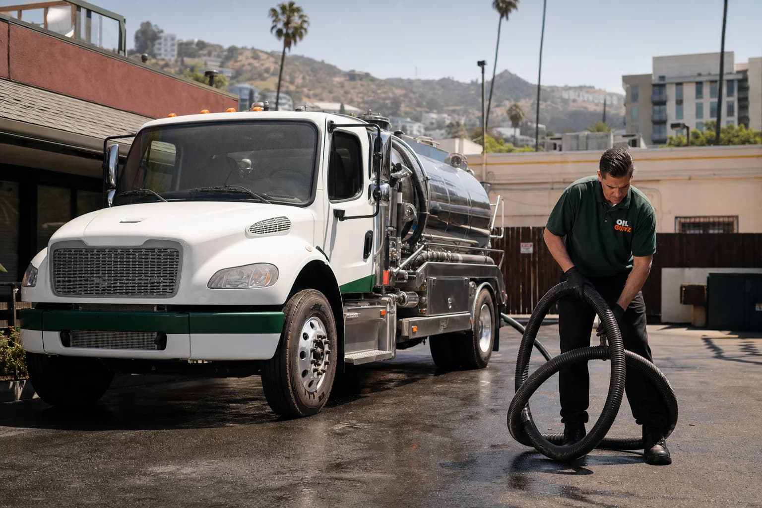 Free used cooking oil pickup at a Long Beach restaurant — unbranded white pump truck with hunter-green Oil Guyz technician