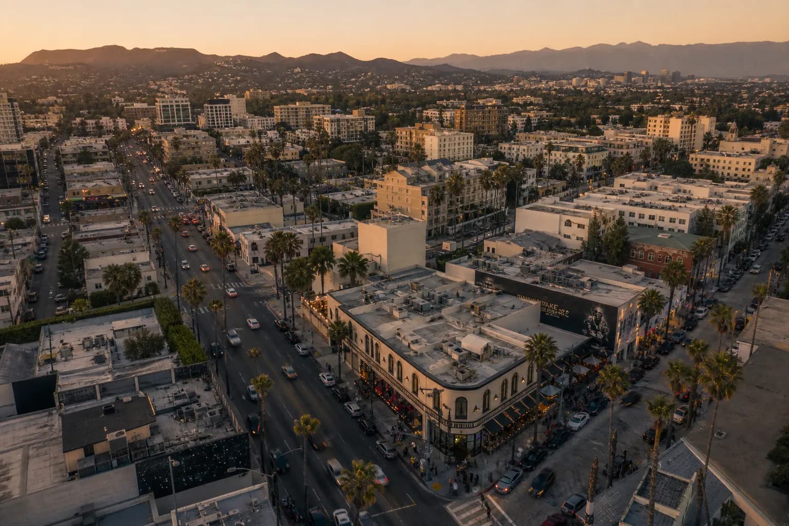 Aerial view of Los Angeles restaurant district at golden hour