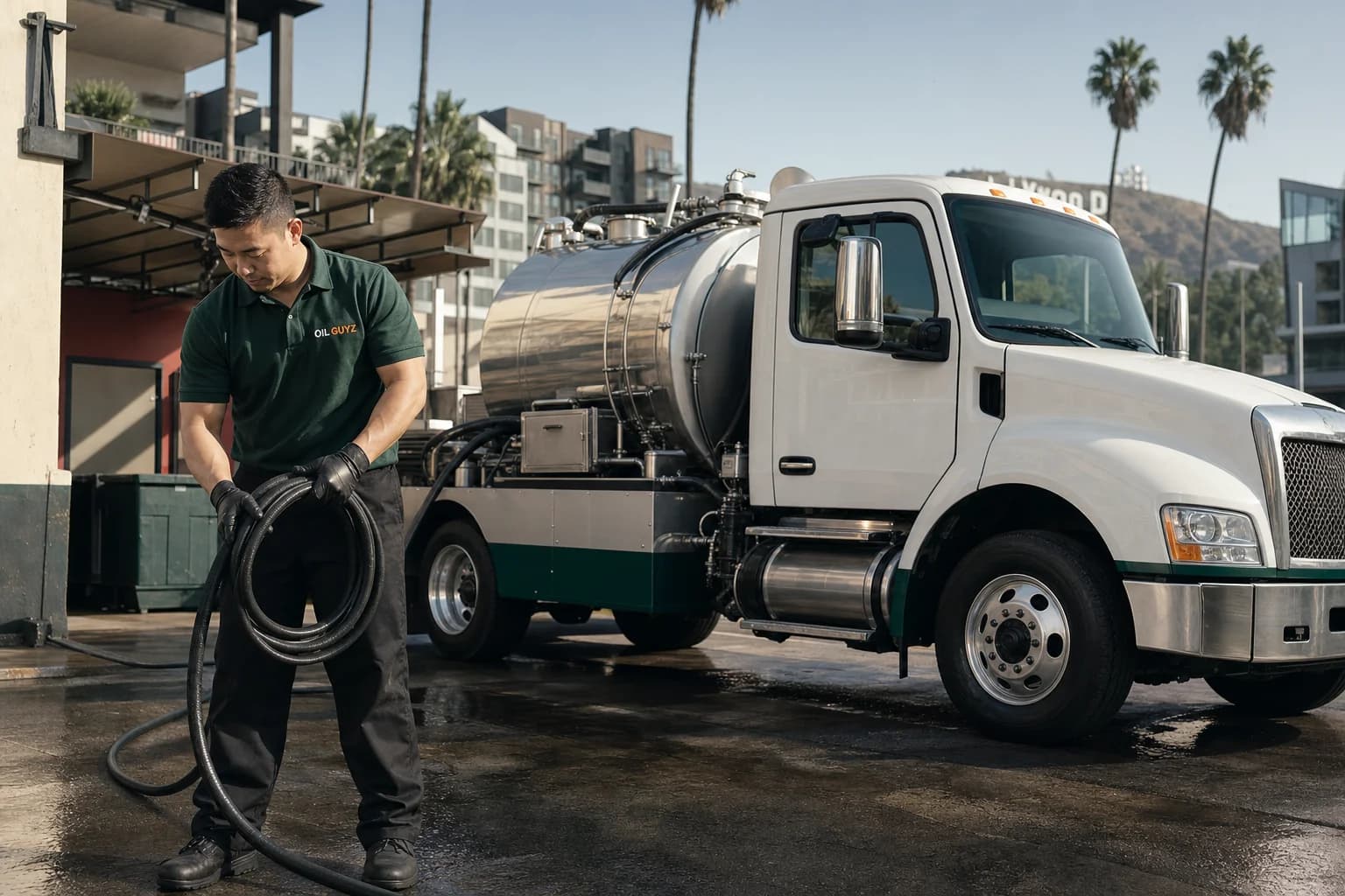 Free used cooking oil pickup at a Los Angeles restaurant, unbranded white pump truck with hunter-green Oil Guyz technician