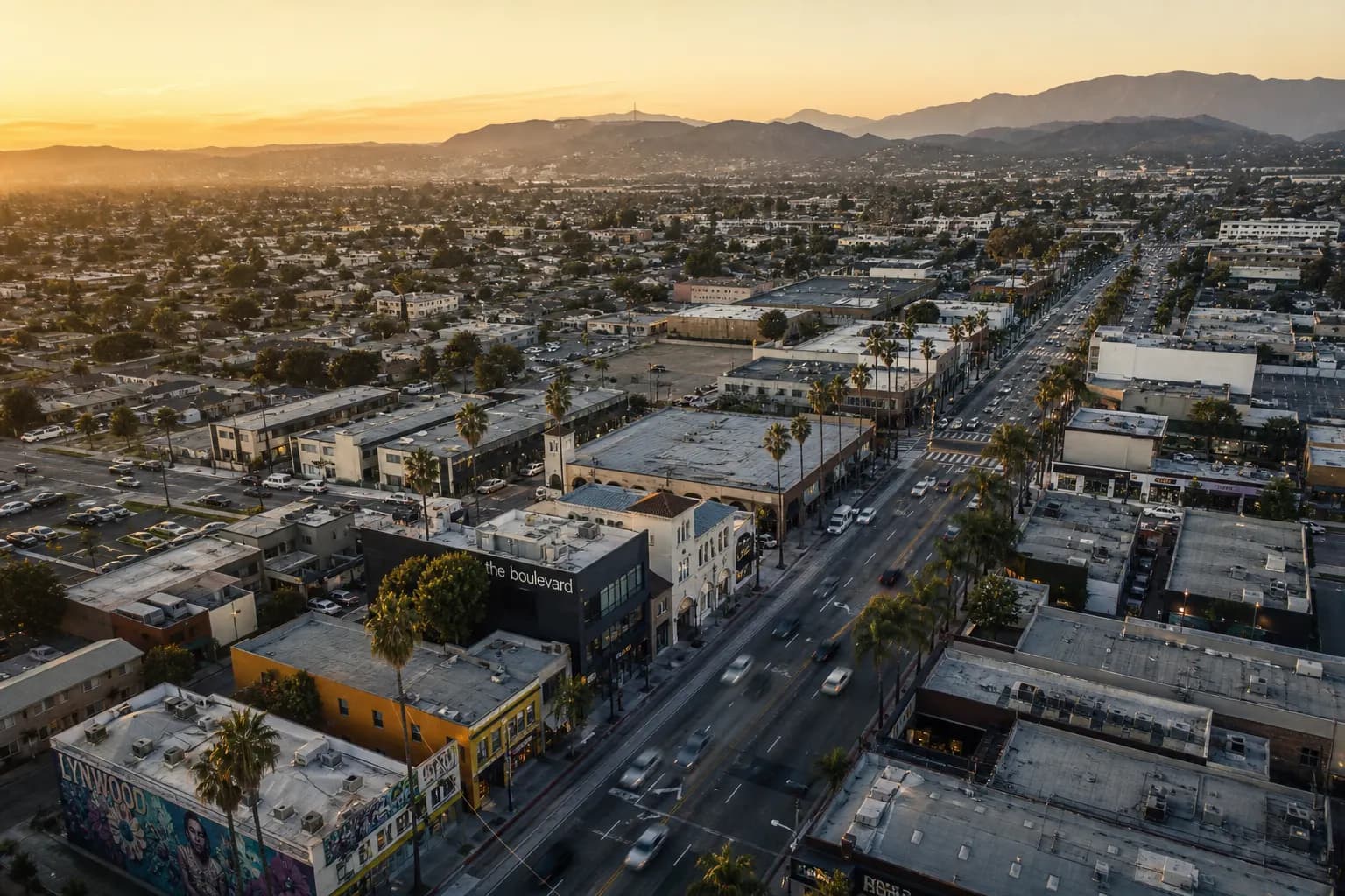Aerial view of Lynwood restaurant district at golden hour