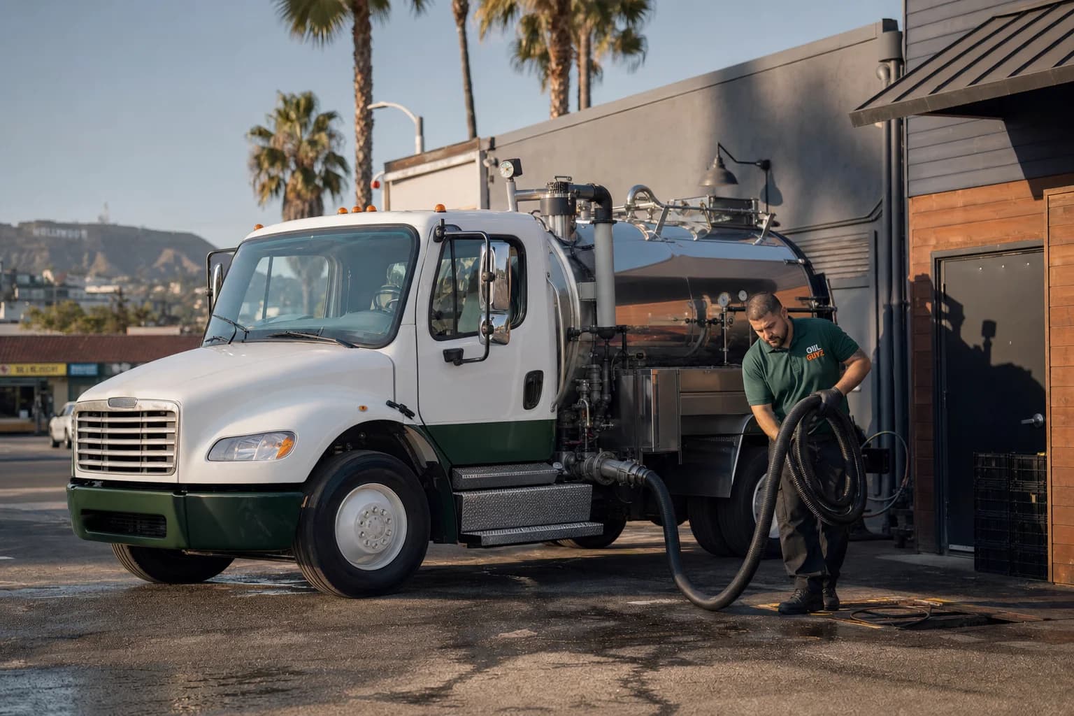 Free used cooking oil pickup at a Lynwood restaurant — unbranded white pump truck with hunter-green Oil Guyz technician