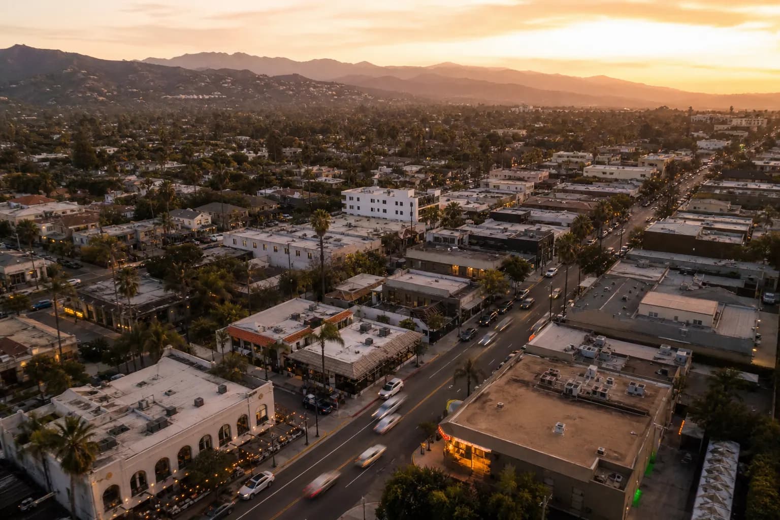 Aerial view of Malibu restaurant district at golden hour