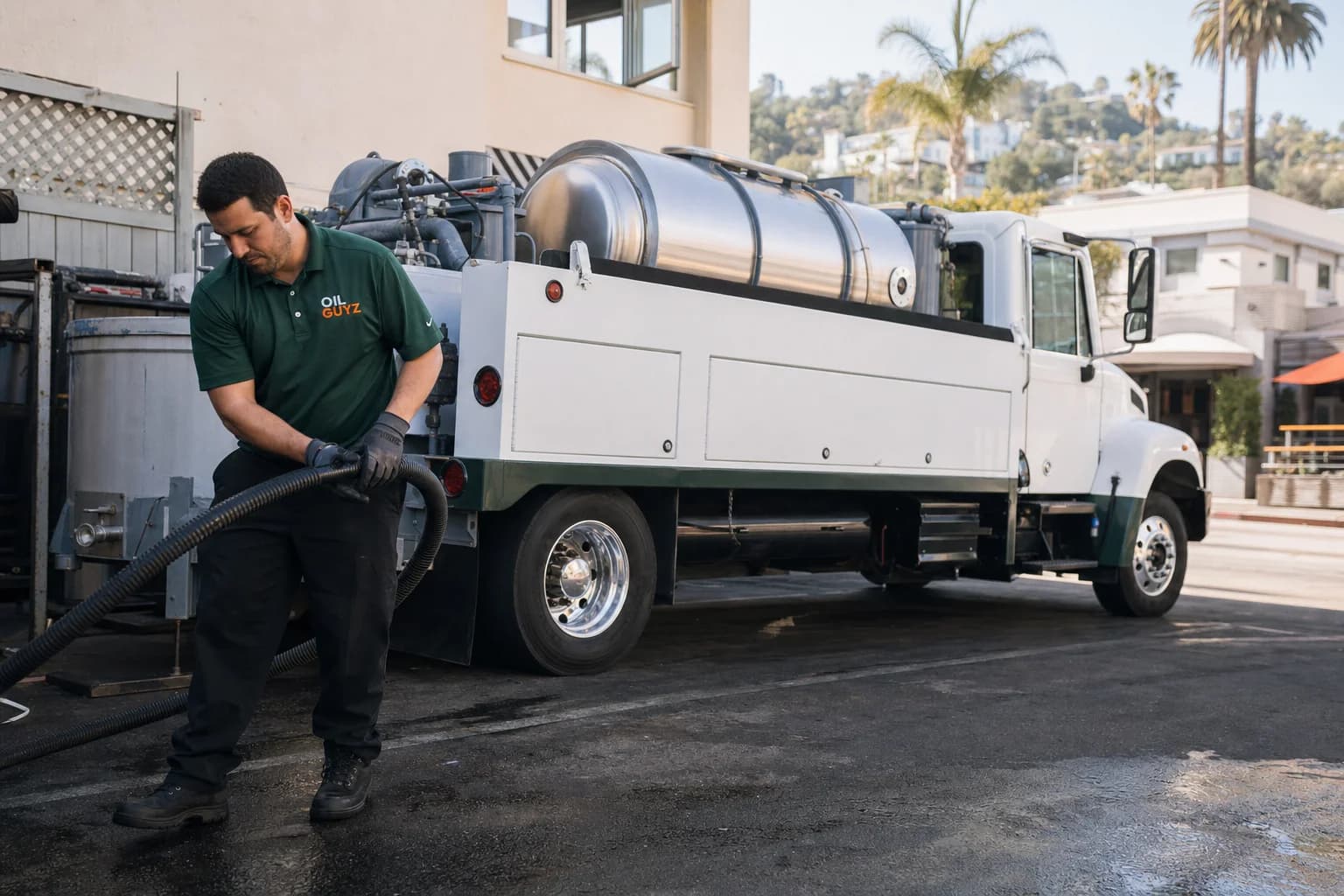 Free used cooking oil pickup at a Malibu restaurant — unbranded white pump truck with hunter-green Oil Guyz technician