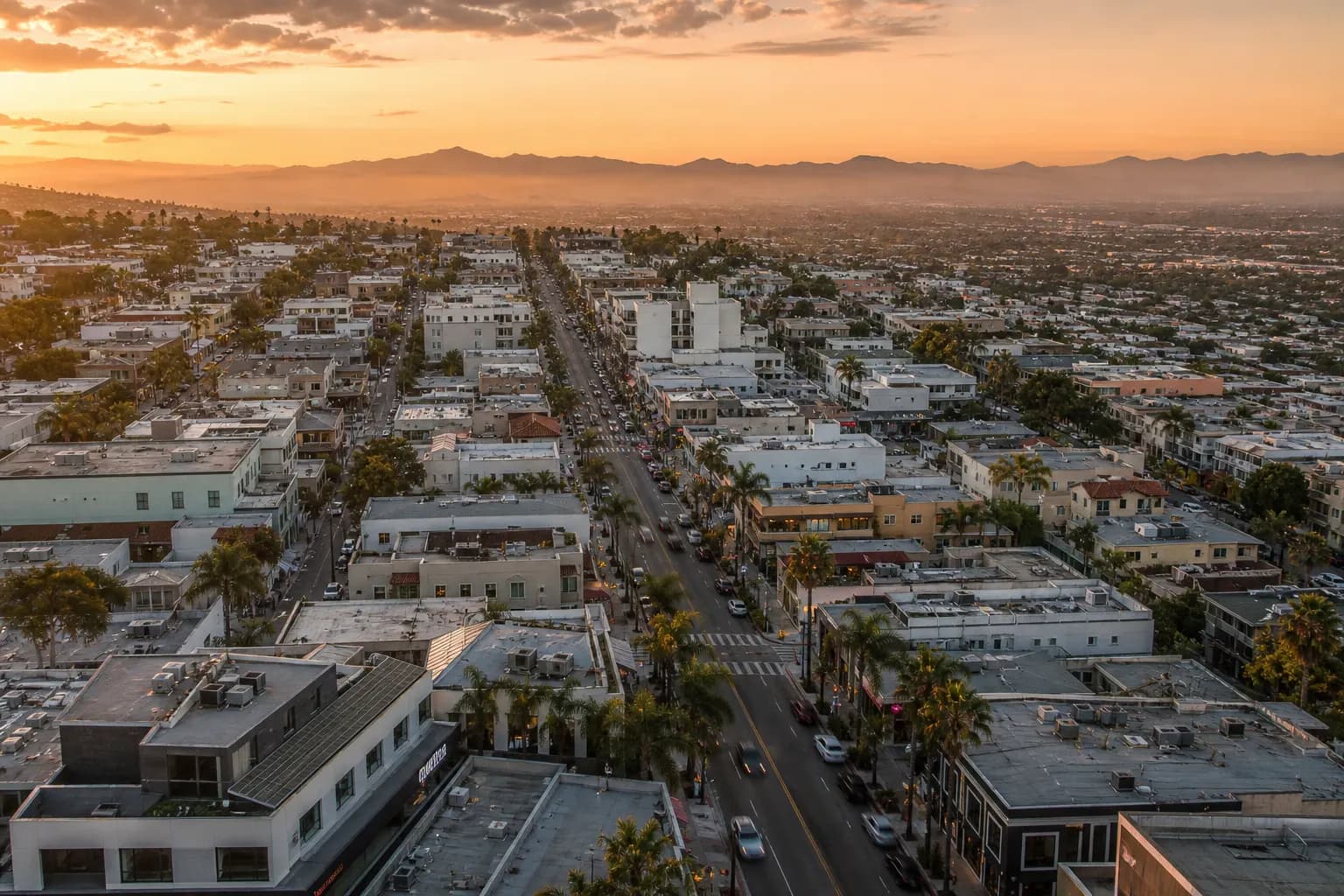Aerial view of Manhattan Beach restaurant district at golden hour