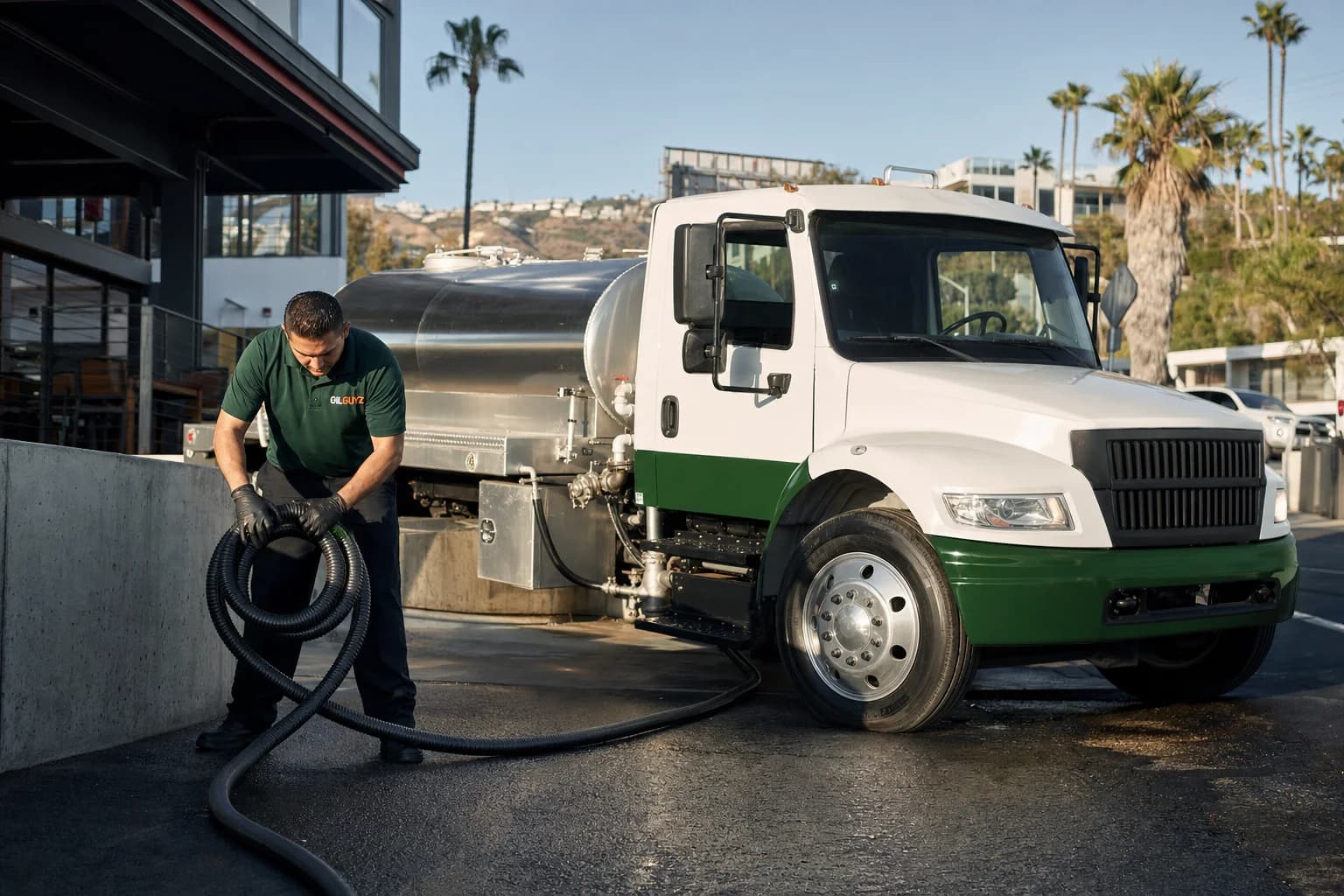 Free used cooking oil pickup at a Manhattan Beach restaurant — unbranded white pump truck with hunter-green Oil Guyz technician