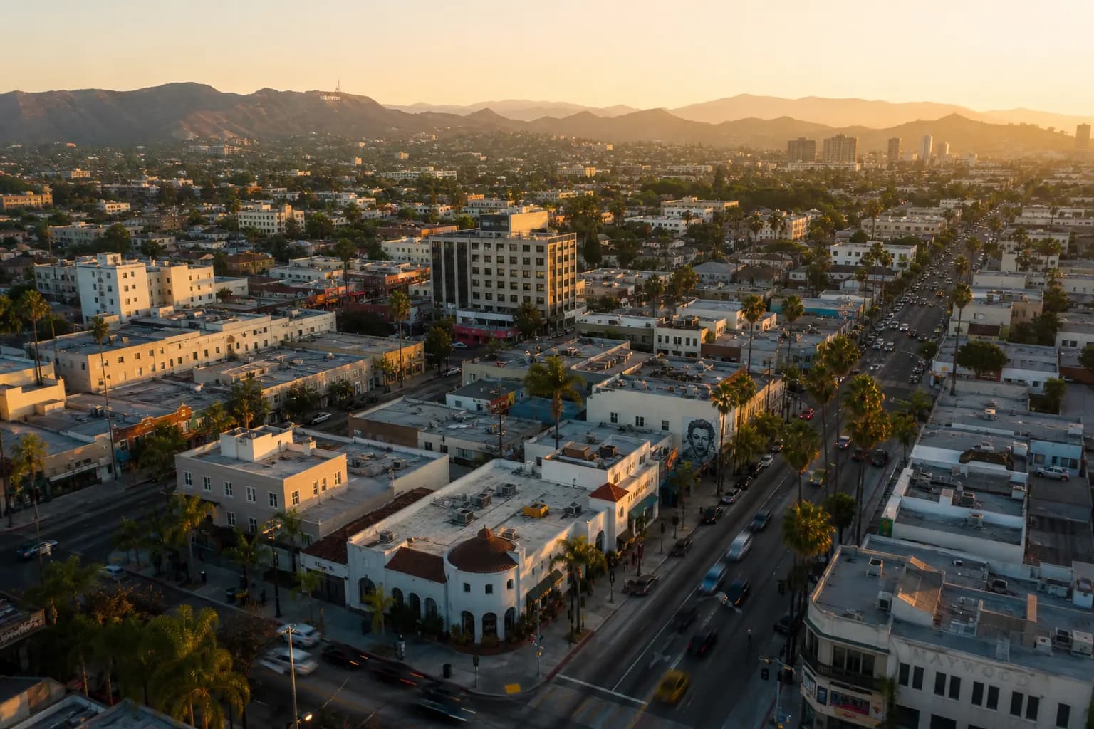 Aerial view of Maywood restaurant district at golden hour