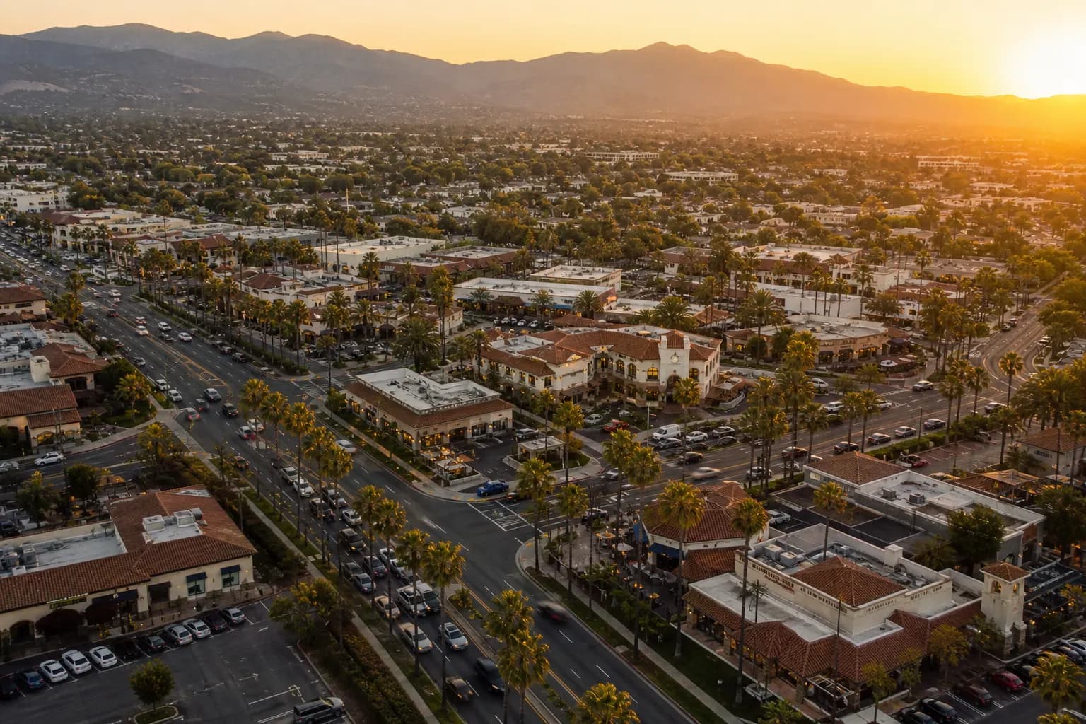 Aerial view of Mission Viejo restaurant district at golden hour