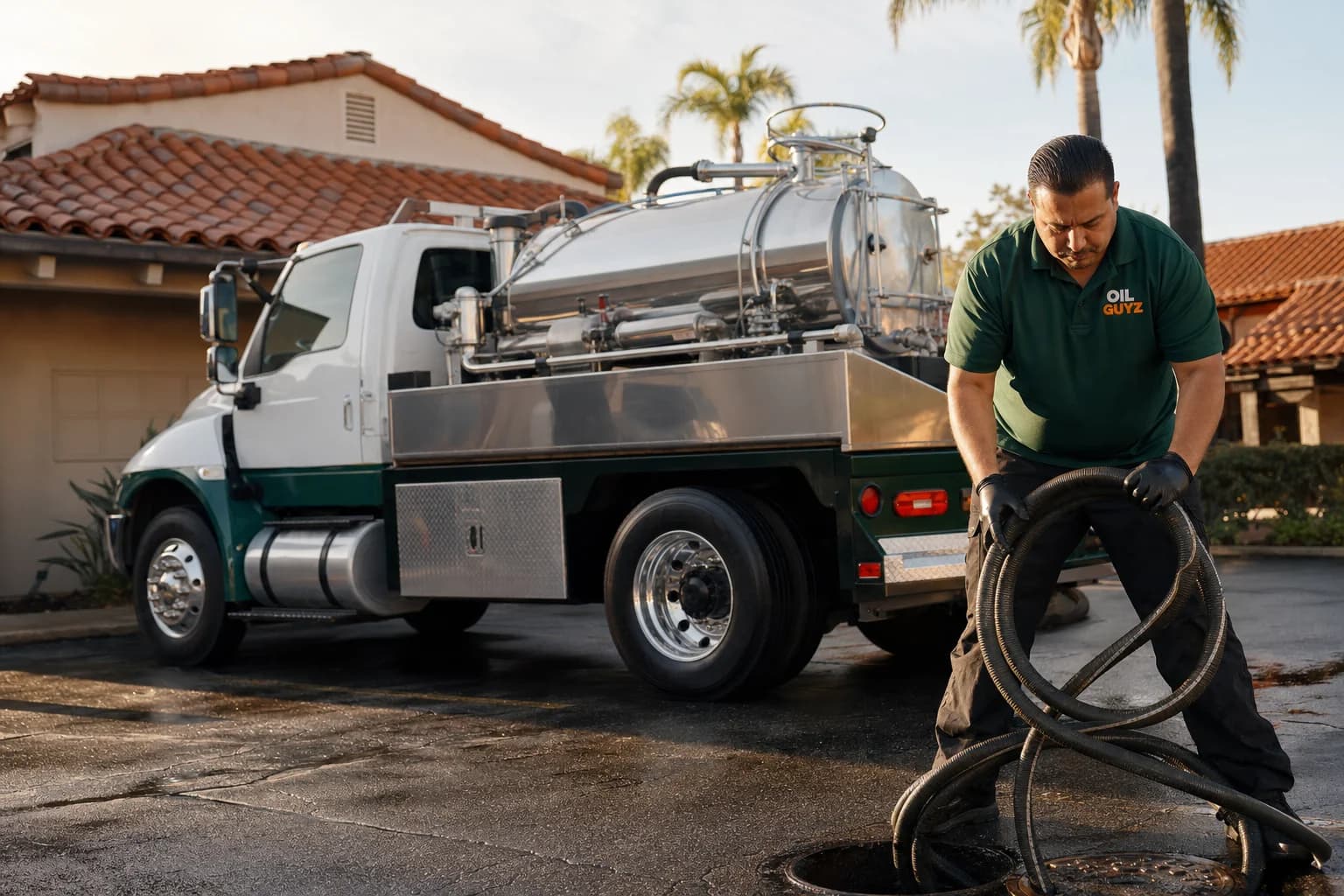 Free used cooking oil pickup at a Mission Viejo restaurant — unbranded white pump truck with hunter-green Oil Guyz technician