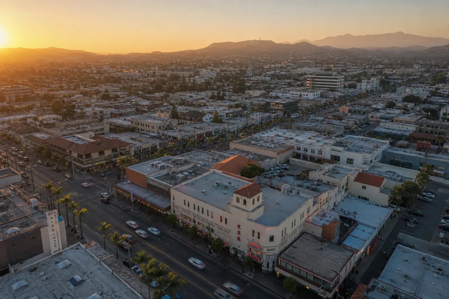 Aerial view of Monterey Park restaurant district at golden hour