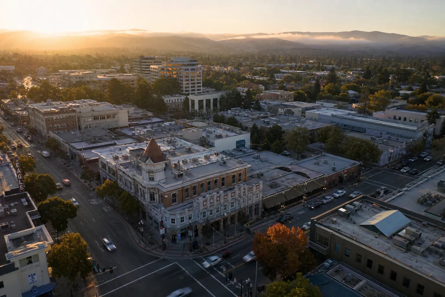 Aerial view of Mountain View restaurant district at golden hour