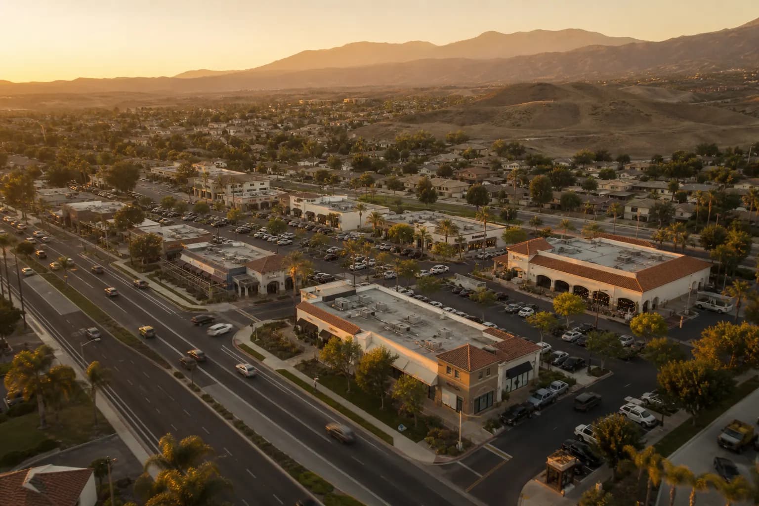 Aerial view of Murrieta restaurant district at golden hour