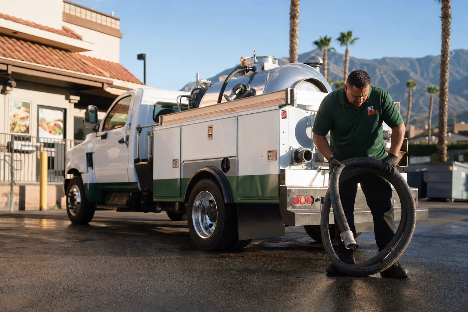 Free used cooking oil pickup at a Murrieta restaurant — unbranded white pump truck with hunter-green Oil Guyz technician