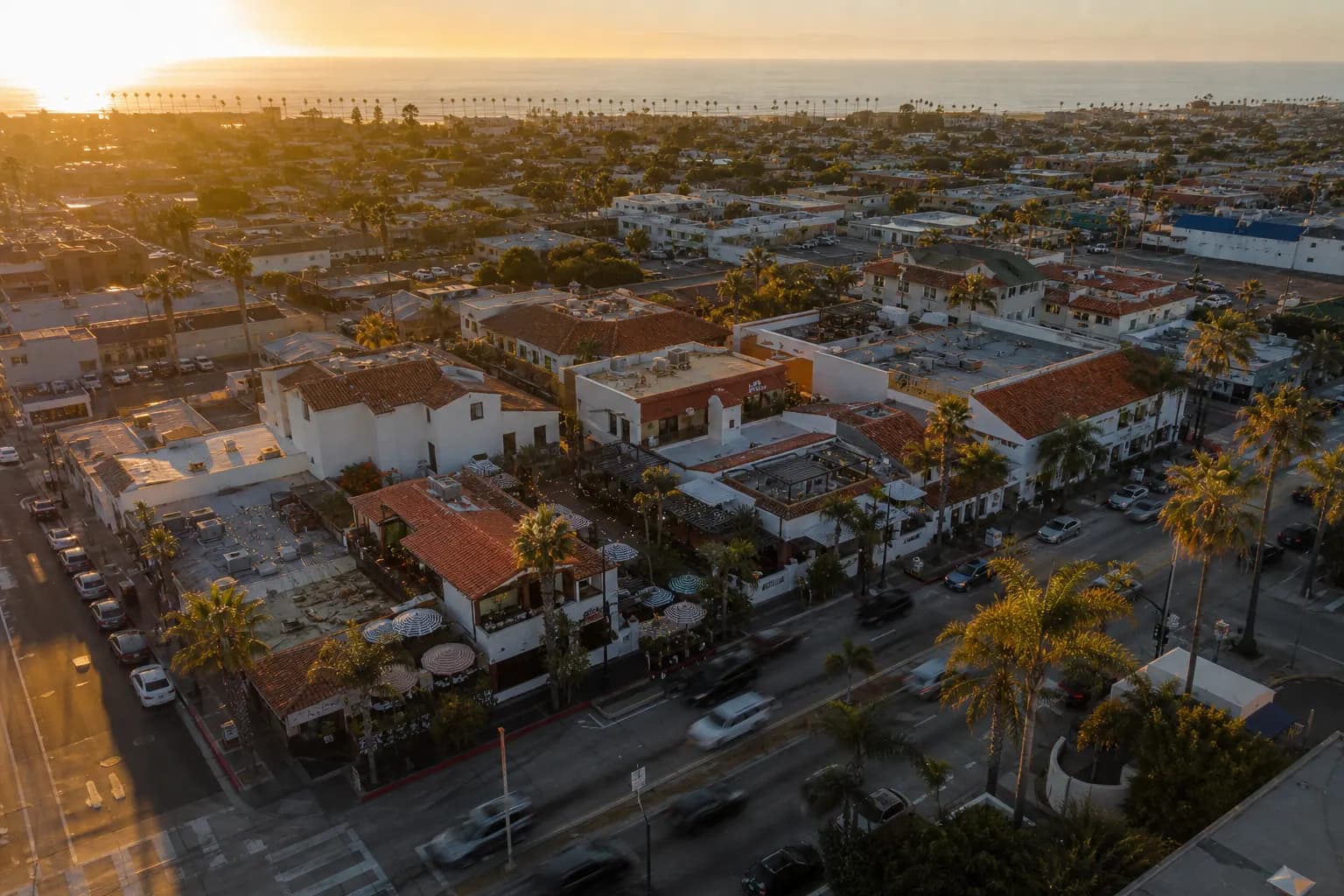Aerial view of National City restaurant district at golden hour