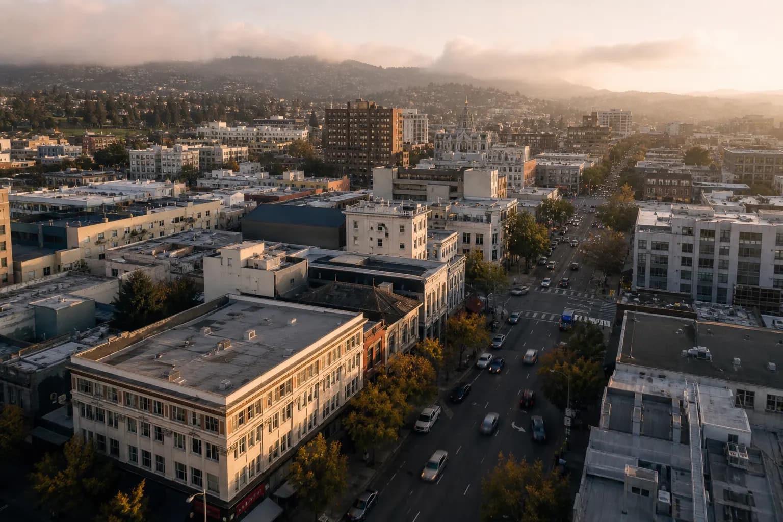 Aerial view of Oakland restaurant district at golden hour