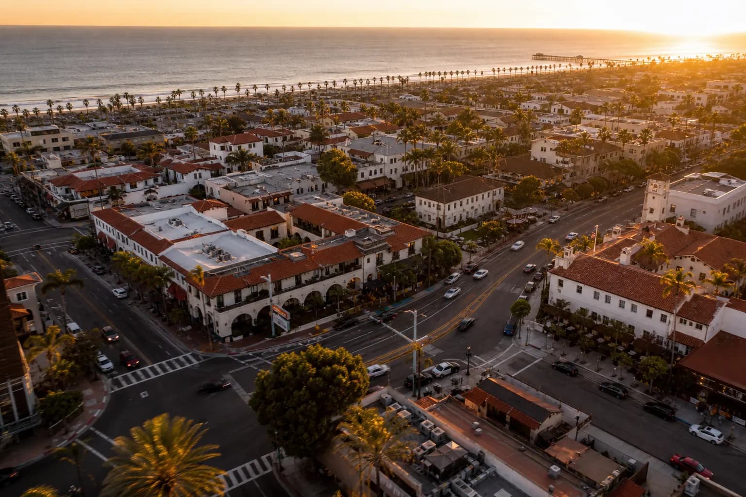 Aerial view of Oceanside restaurant district at golden hour