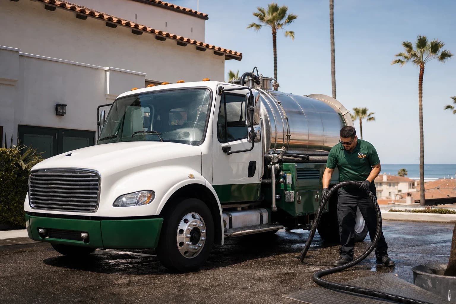Free used cooking oil pickup at a Oceanside restaurant — unbranded white pump truck with hunter-green Oil Guyz technician