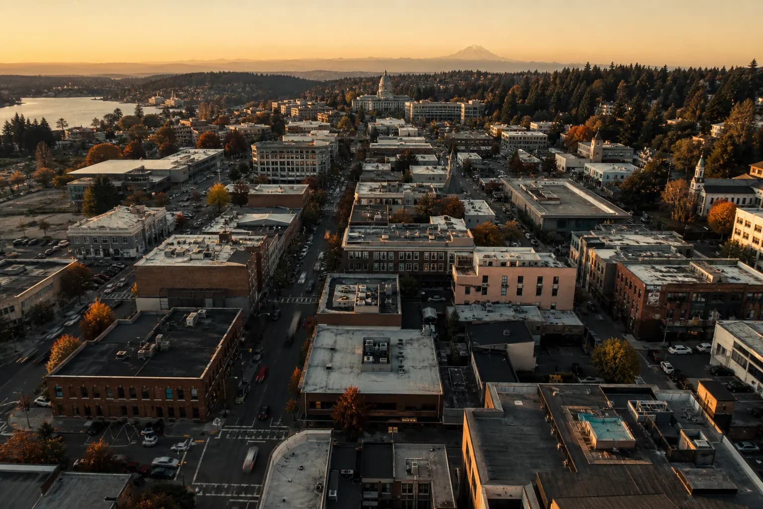 Aerial view of Olympia restaurant district at golden hour
