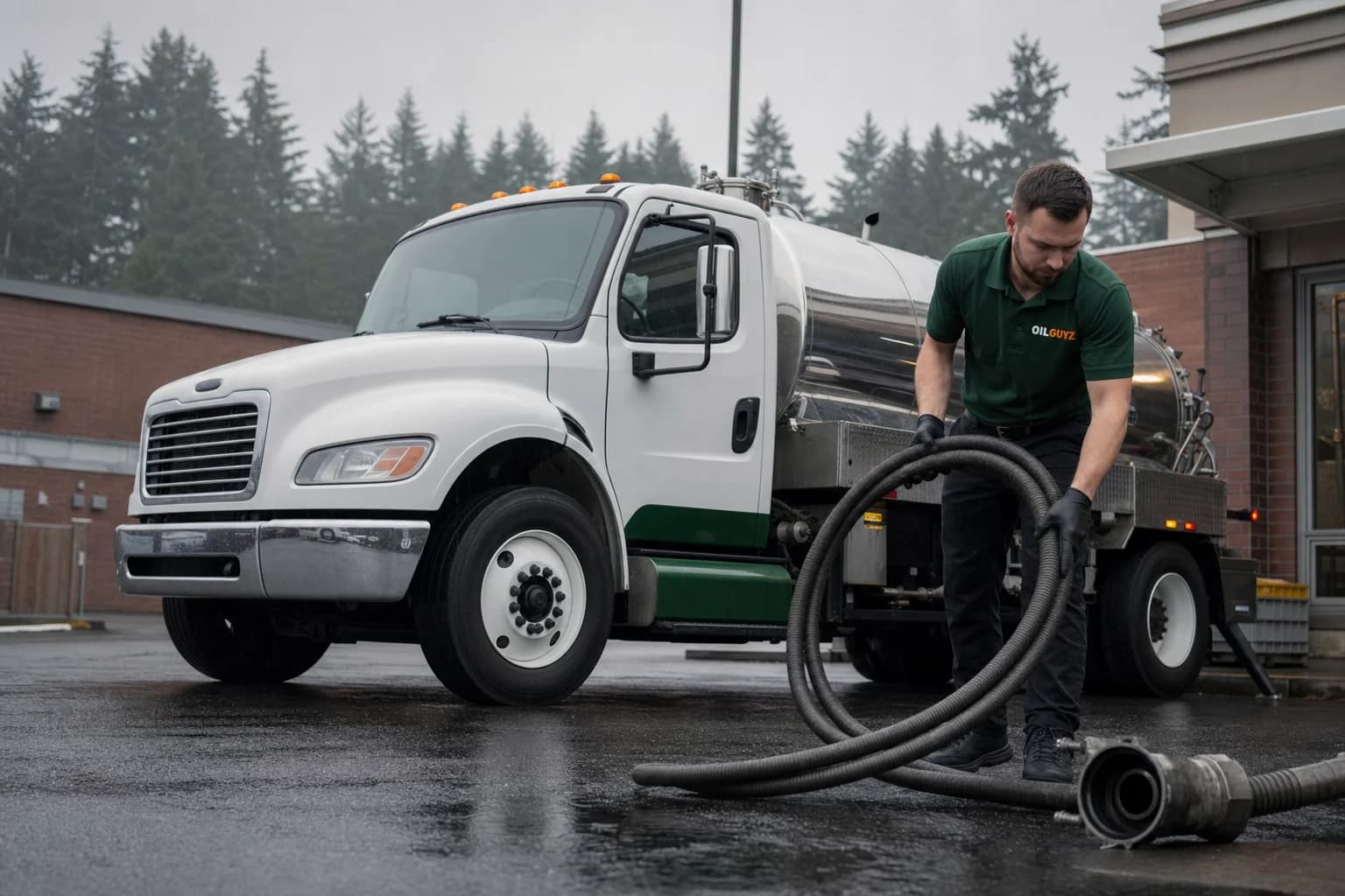 Free used cooking oil pickup at a Olympia restaurant — unbranded white pump truck with hunter-green Oil Guyz technician