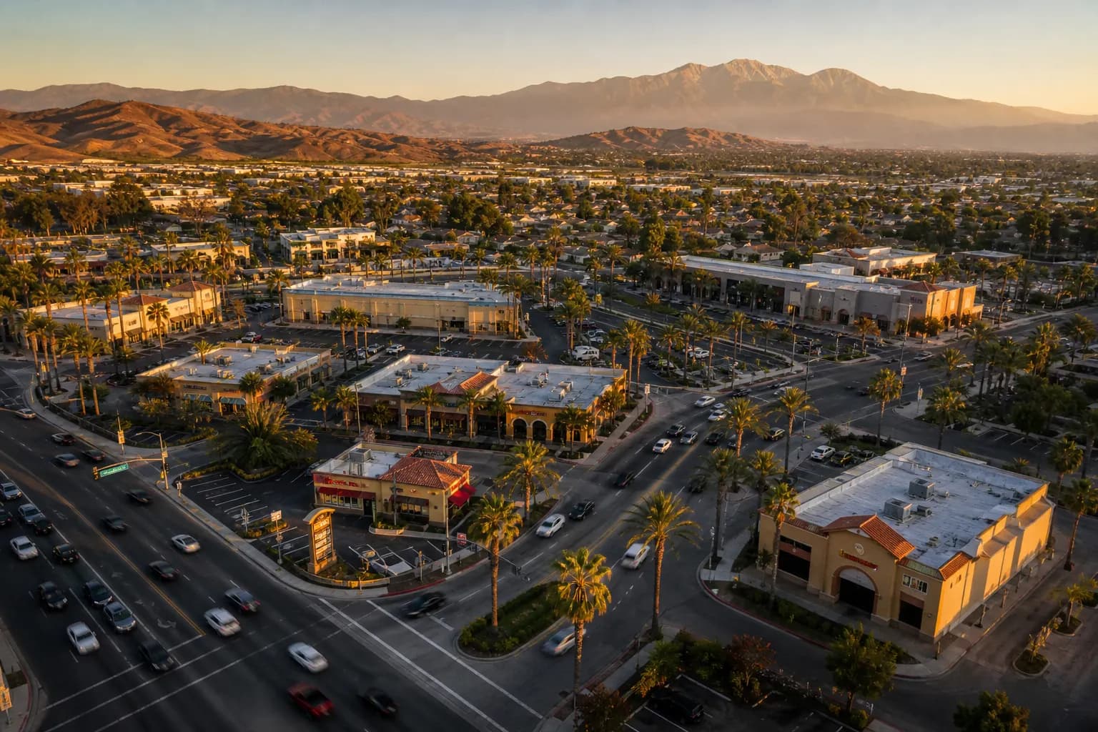 Aerial view of Ontario restaurant district at golden hour