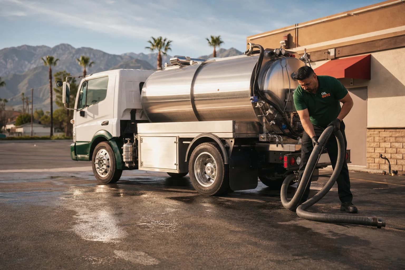 Free used cooking oil pickup at a Ontario restaurant — unbranded white pump truck with hunter-green Oil Guyz technician