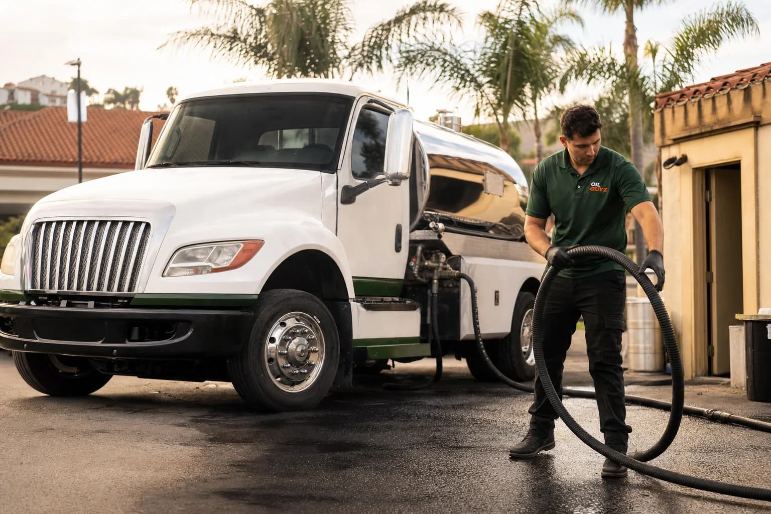 Free used cooking oil pickup at a Orange restaurant — unbranded white pump truck with hunter-green Oil Guyz technician