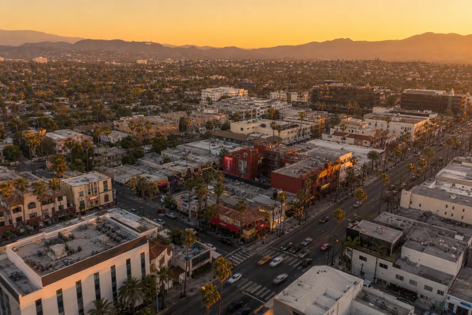 Aerial view of Palmdale restaurant district at golden hour
