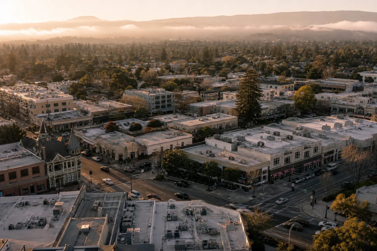 Aerial view of Palo Alto restaurant district at golden hour