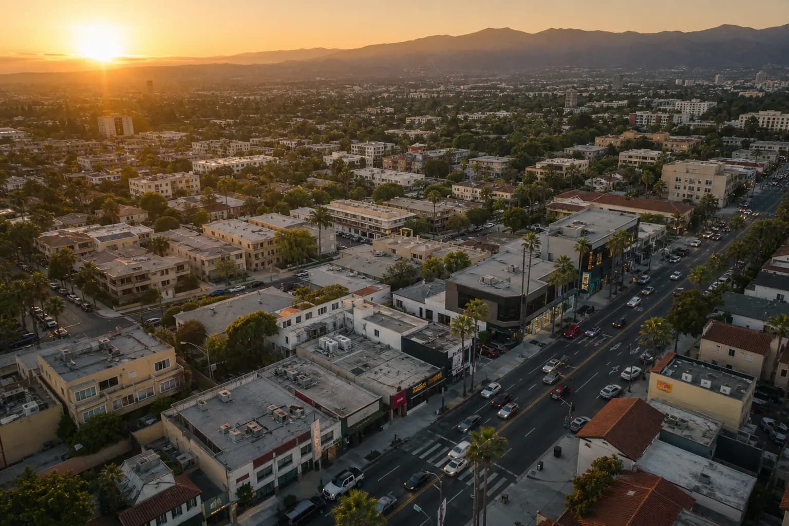 Aerial view of Palos Verdes Estates restaurant district at golden hour