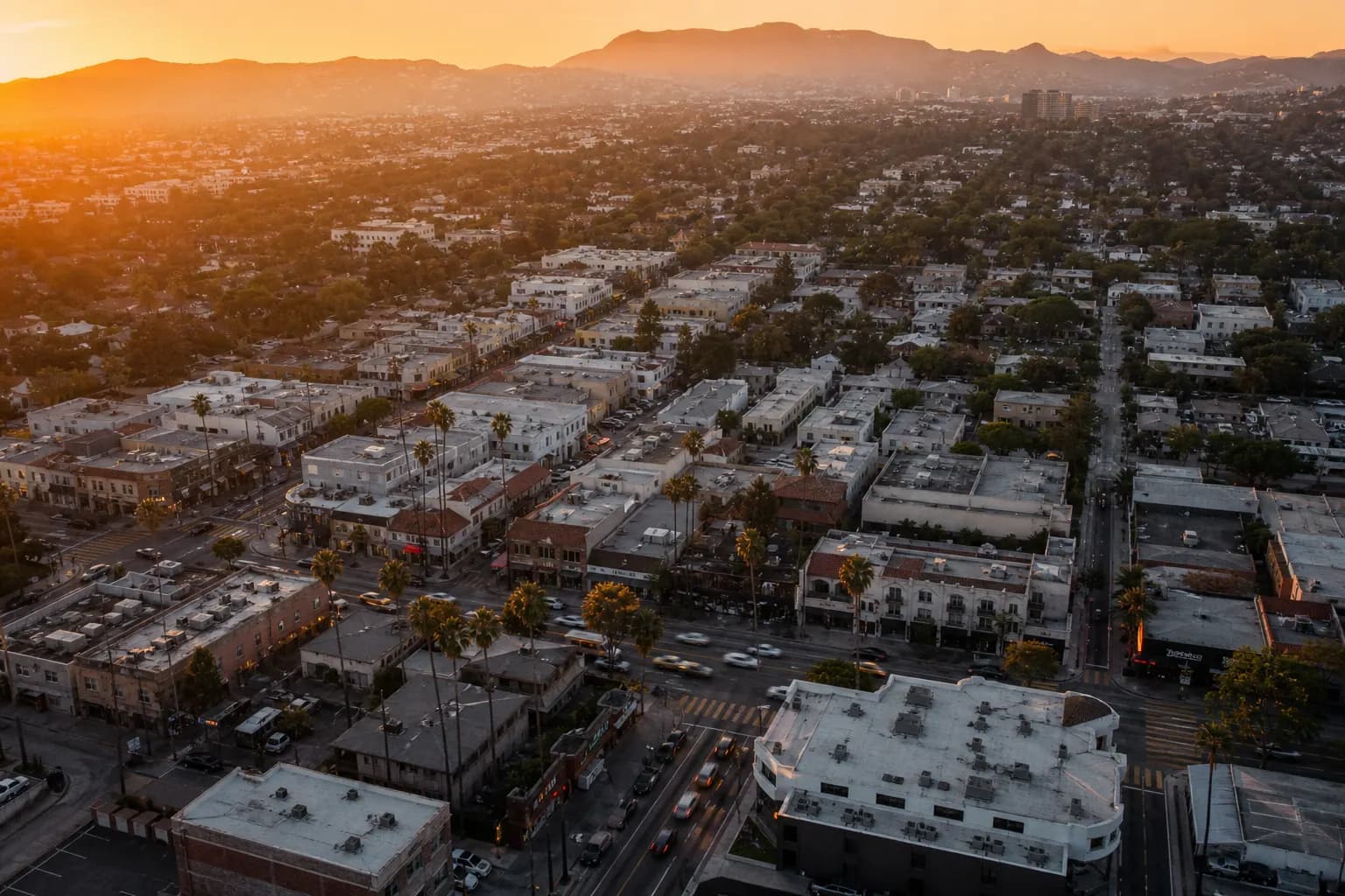Aerial view of Paramount restaurant district at golden hour