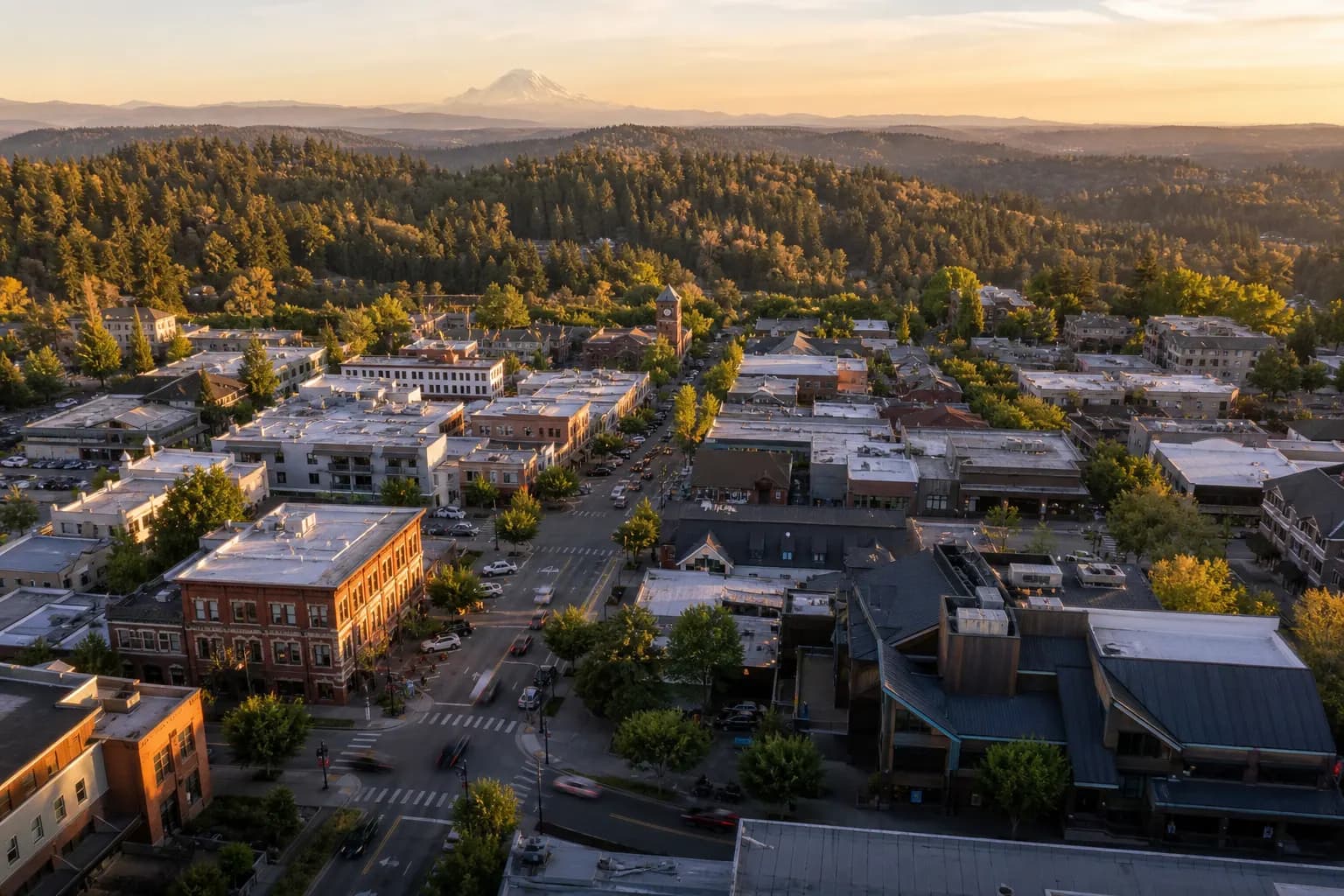 Aerial view of Parkland restaurant district at golden hour