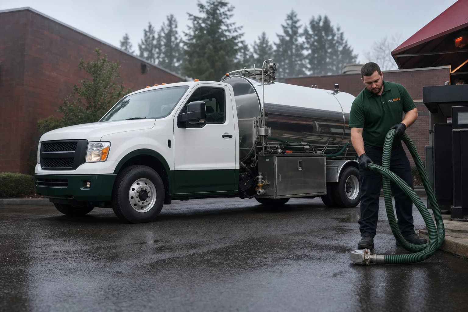 Free used cooking oil pickup at a Parkland restaurant — unbranded white pump truck with hunter-green Oil Guyz technician