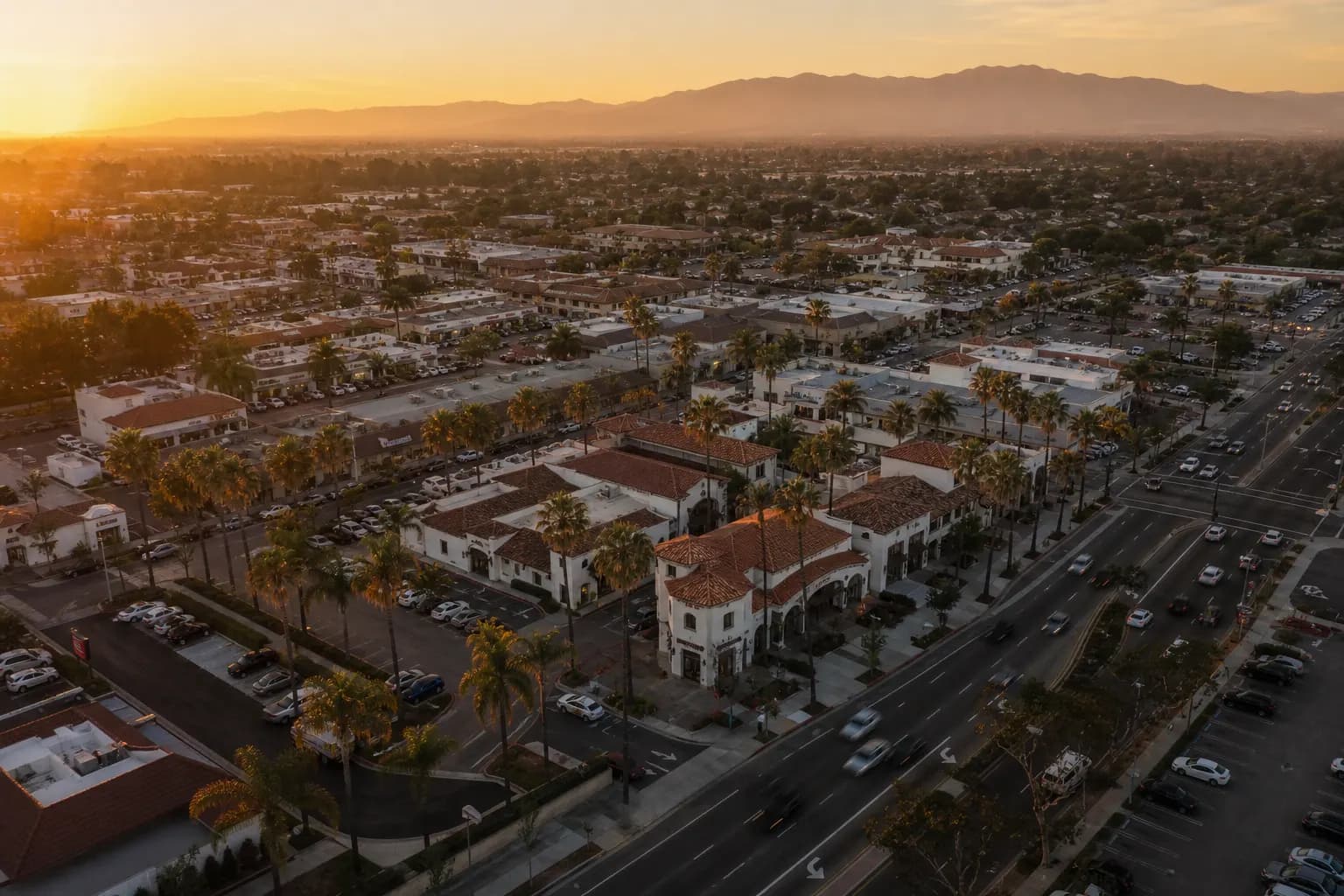 Aerial view of Placentia restaurant district at golden hour