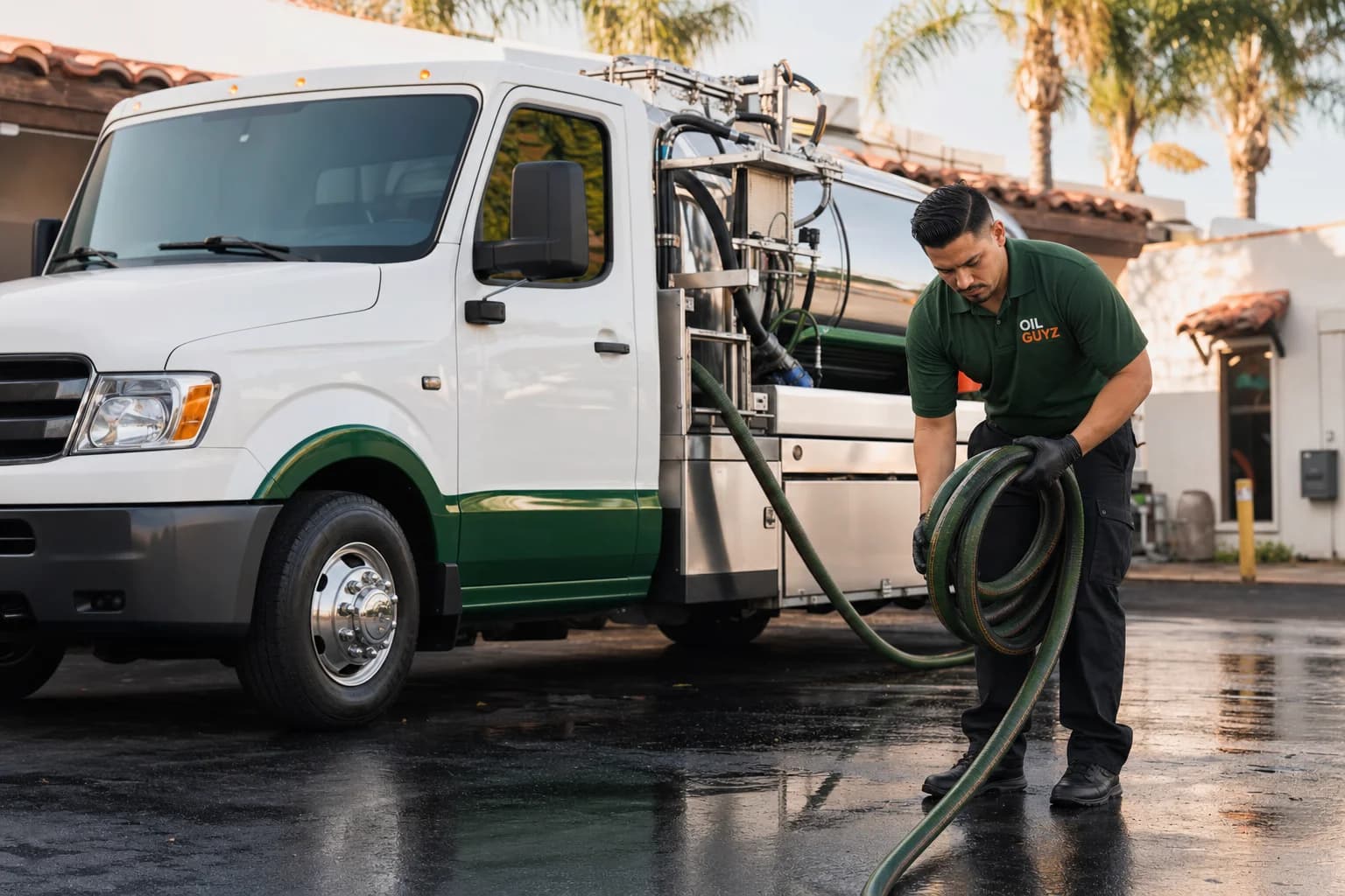 Free used cooking oil pickup at a Placentia restaurant — unbranded white pump truck with hunter-green Oil Guyz technician