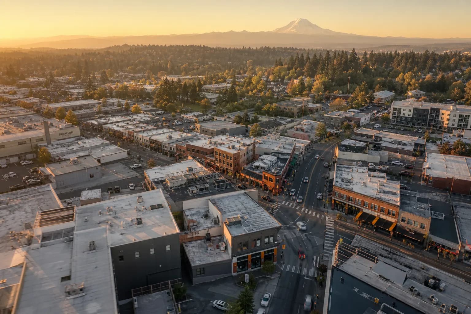 Aerial view of Puyallup restaurant district at golden hour