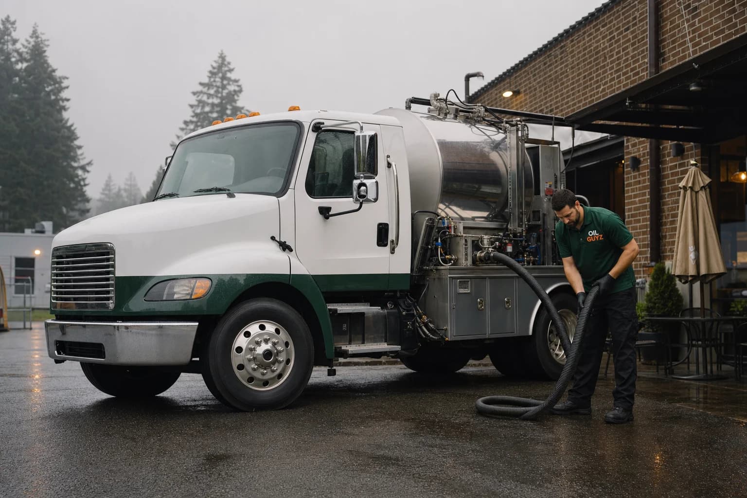 Free used cooking oil pickup at a Puyallup restaurant — unbranded white pump truck with hunter-green Oil Guyz technician