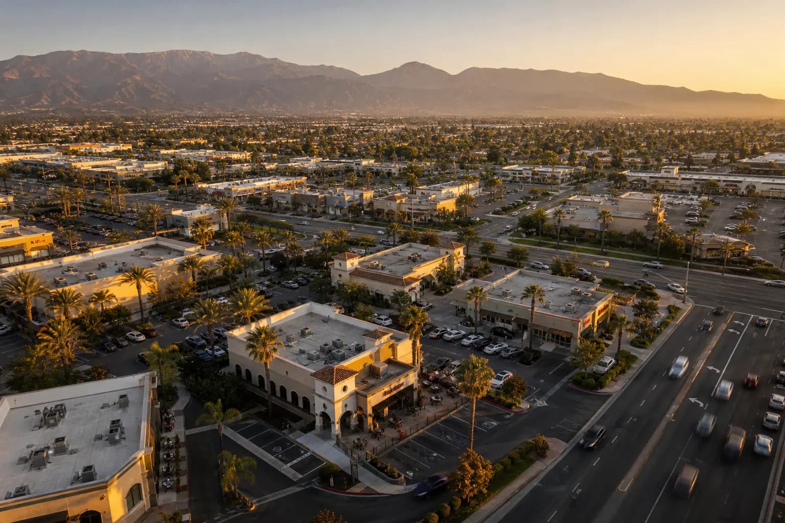 Aerial view of Rancho Cucamonga restaurant district at golden hour