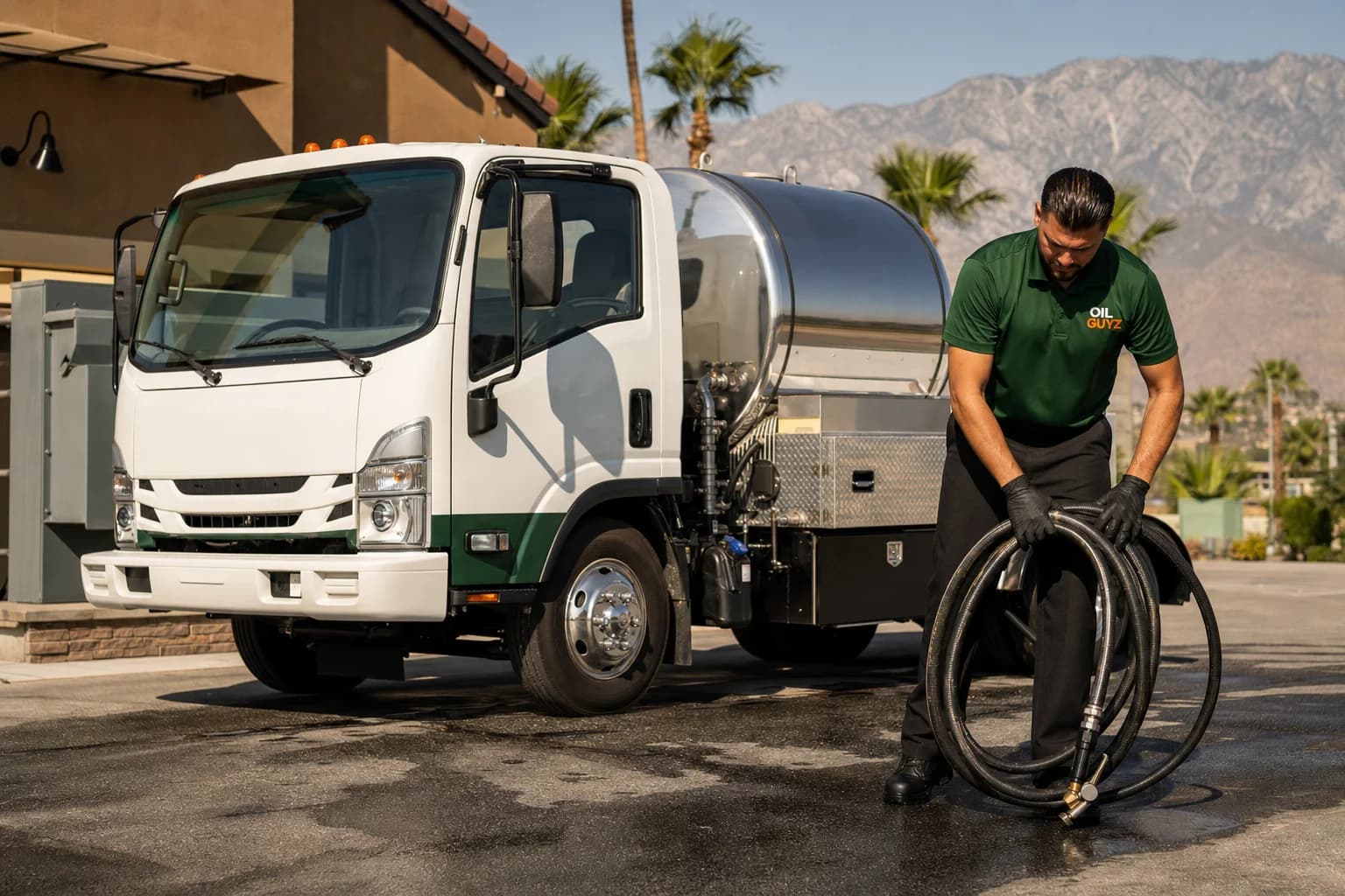 Free used cooking oil pickup at a Rancho Cucamonga restaurant — unbranded white pump truck with hunter-green Oil Guyz technician