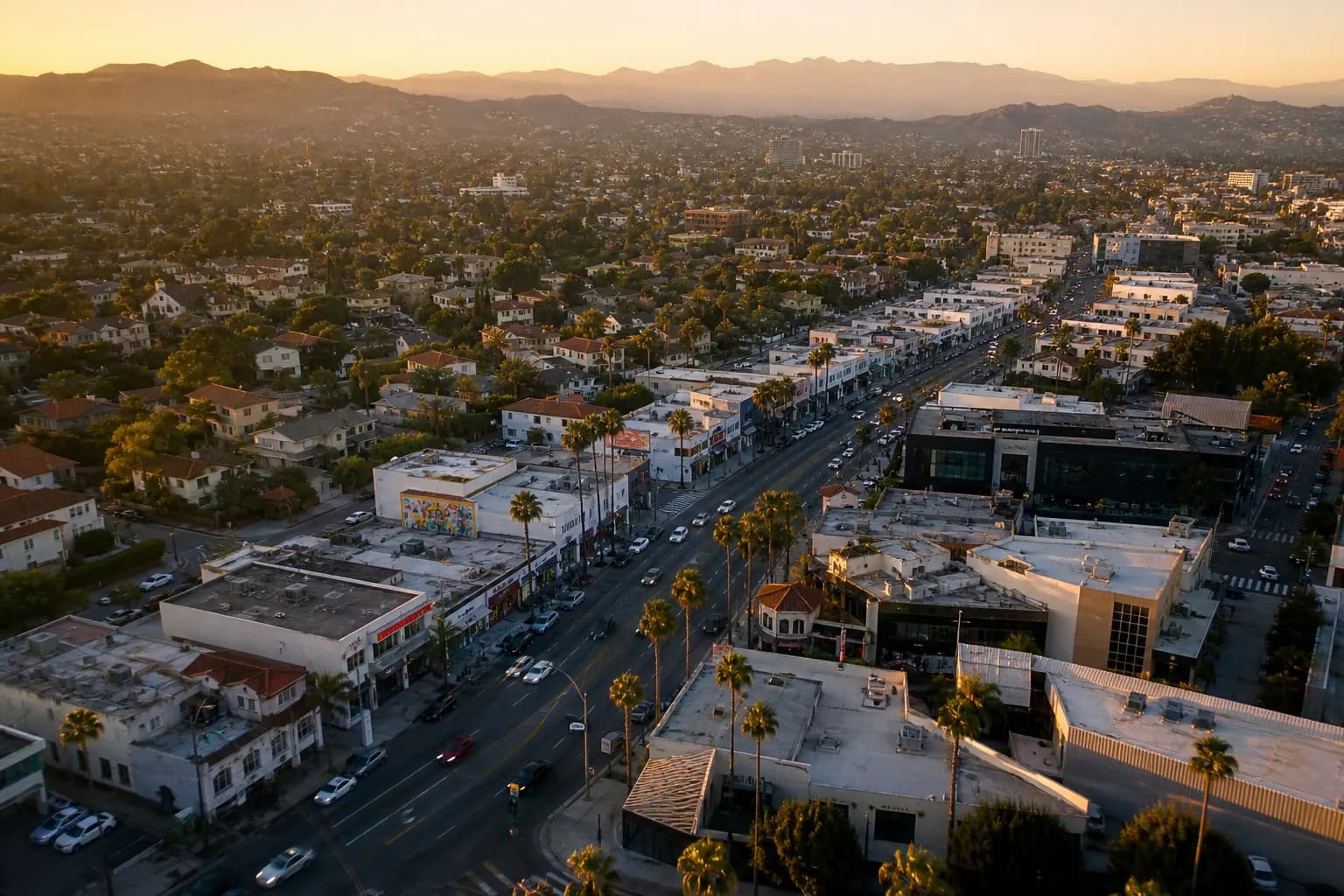 Aerial view of Rancho Palos Verdes restaurant district at golden hour