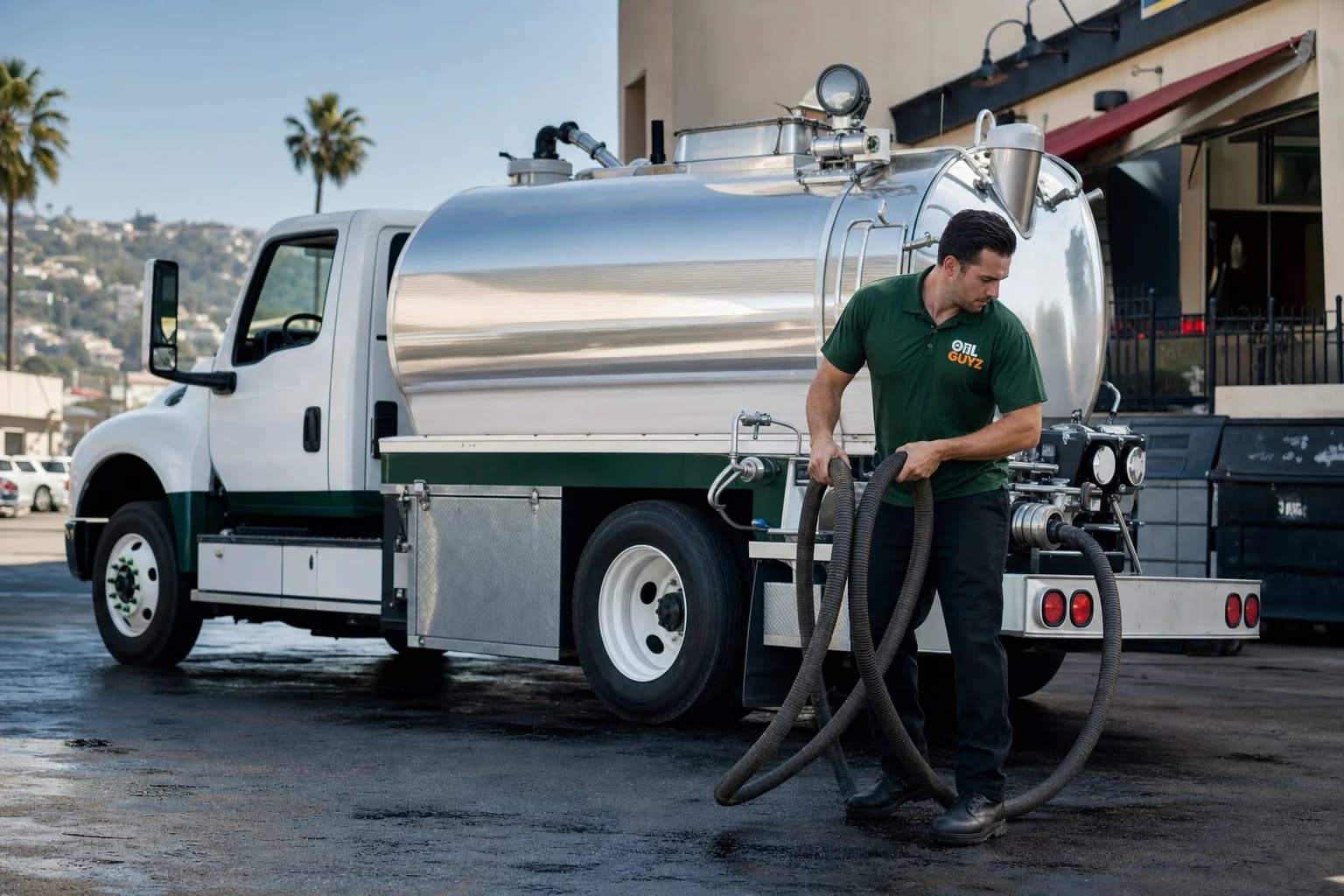 Free used cooking oil pickup at a Rancho Palos Verdes restaurant — unbranded white pump truck with hunter-green Oil Guyz technician