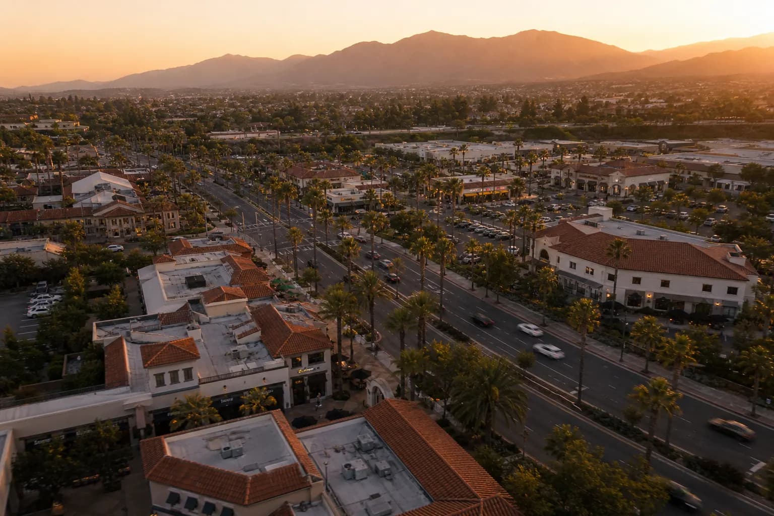 Aerial view of Rancho Santa Margarita restaurant district at golden hour