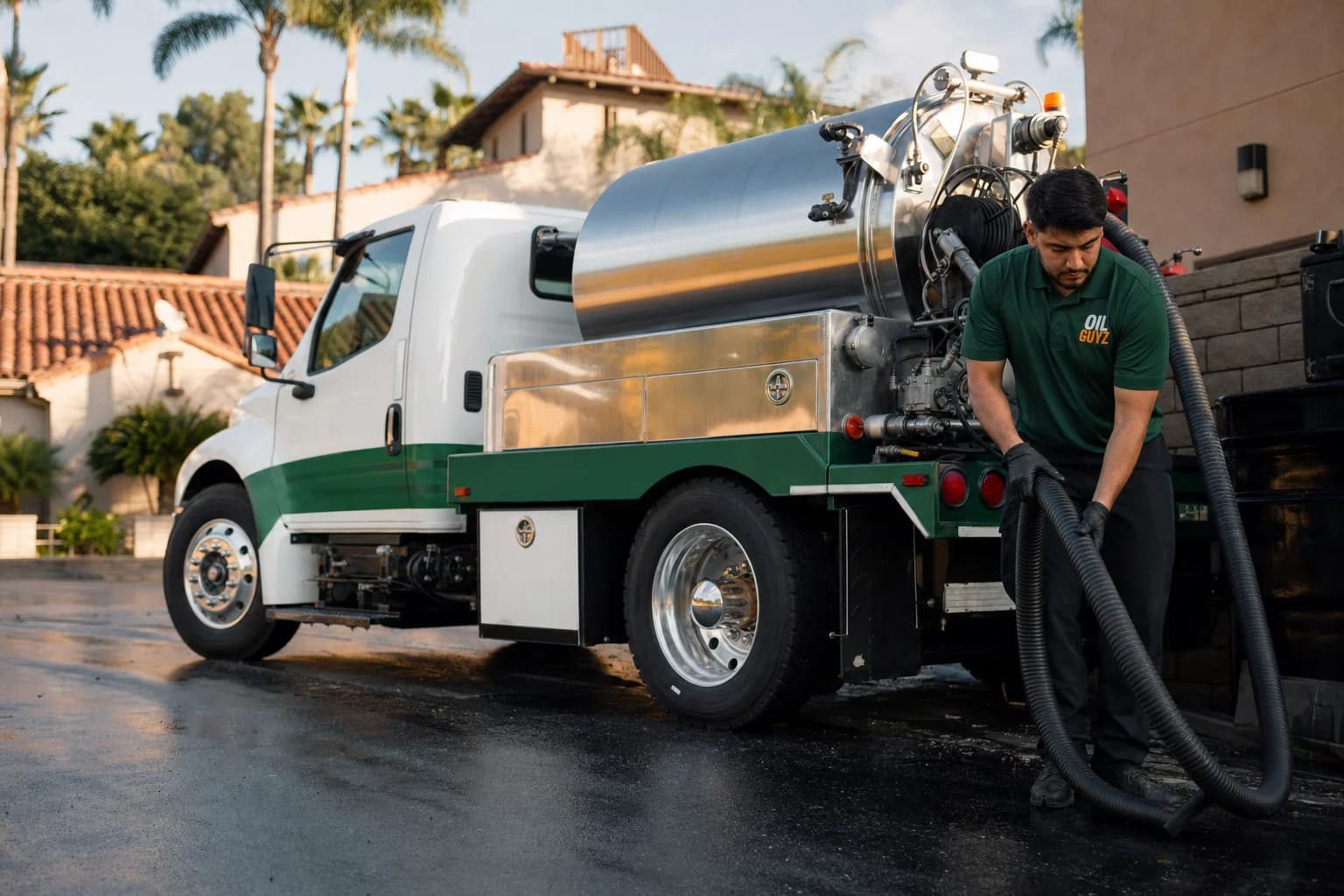Free used cooking oil pickup at a Rancho Santa Margarita restaurant — unbranded white pump truck with hunter-green Oil Guyz technician