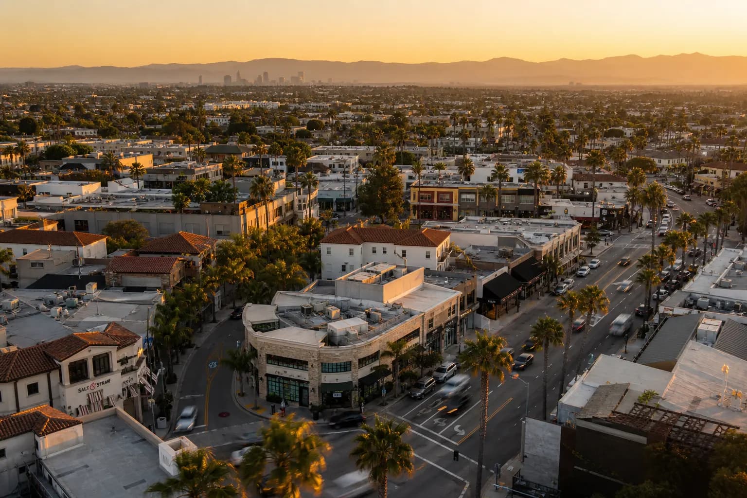 Aerial view of Redondo Beach restaurant district at golden hour