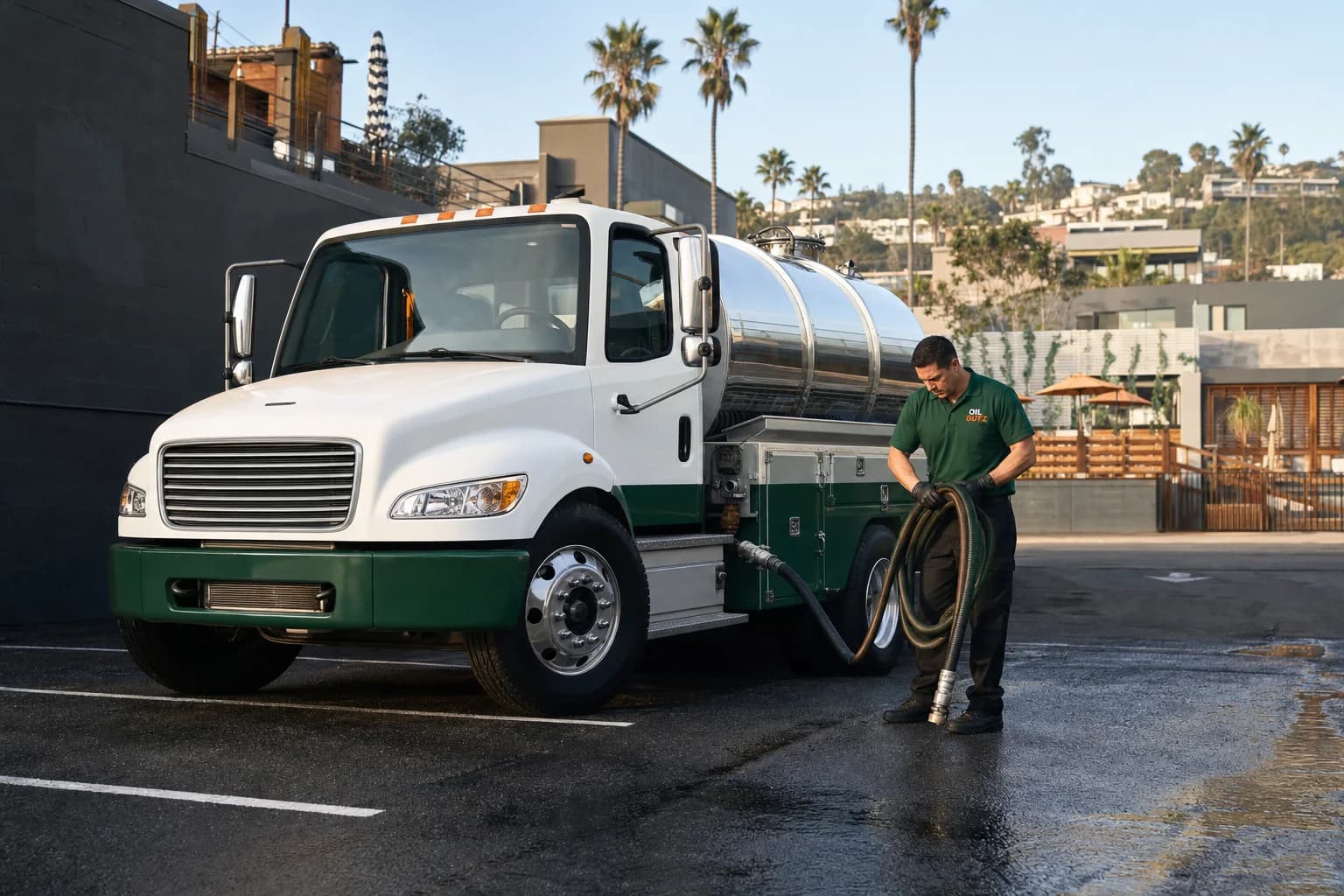 Free used cooking oil pickup at a Redondo Beach restaurant — unbranded white pump truck with hunter-green Oil Guyz technician