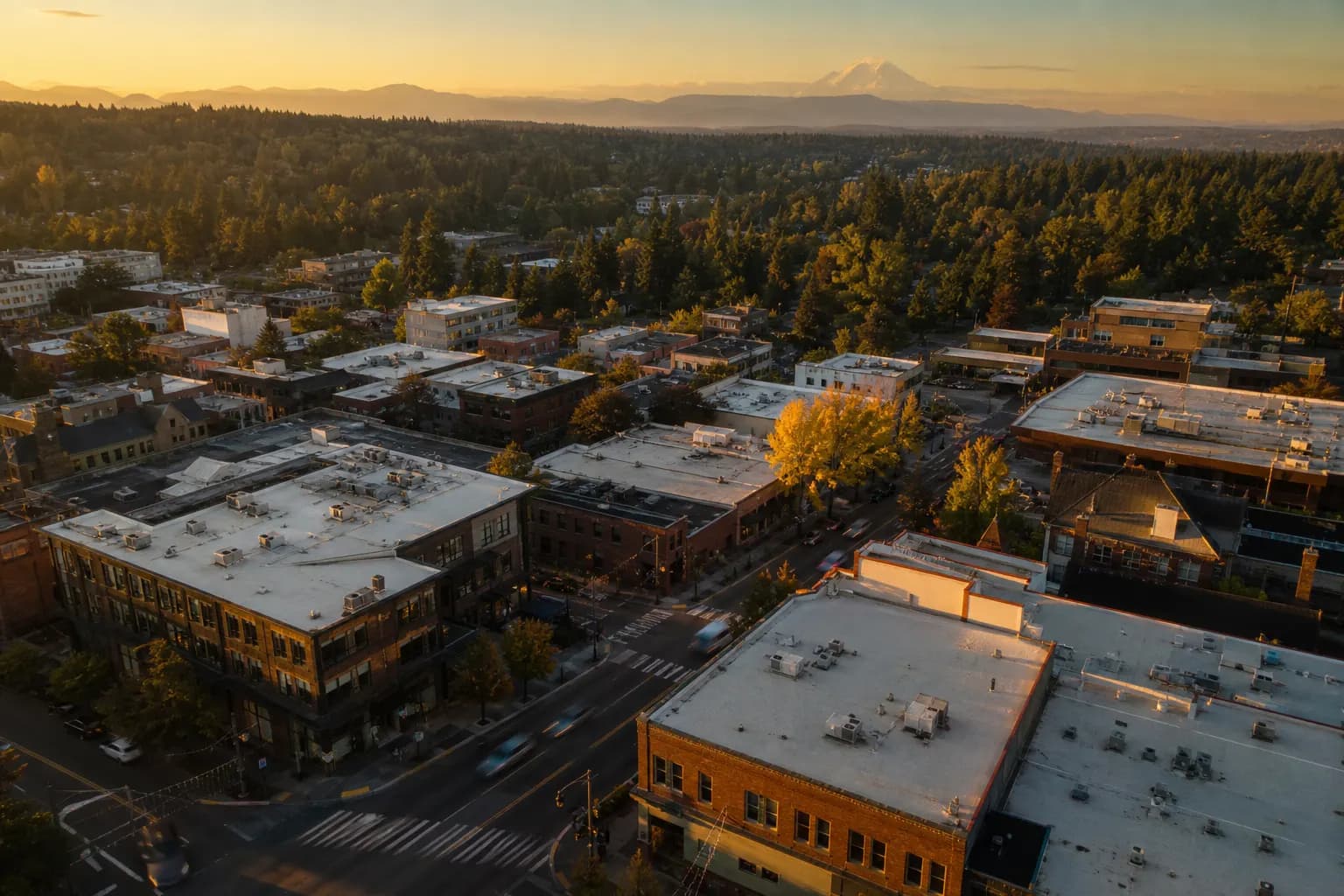 Aerial view of Renton restaurant district at golden hour