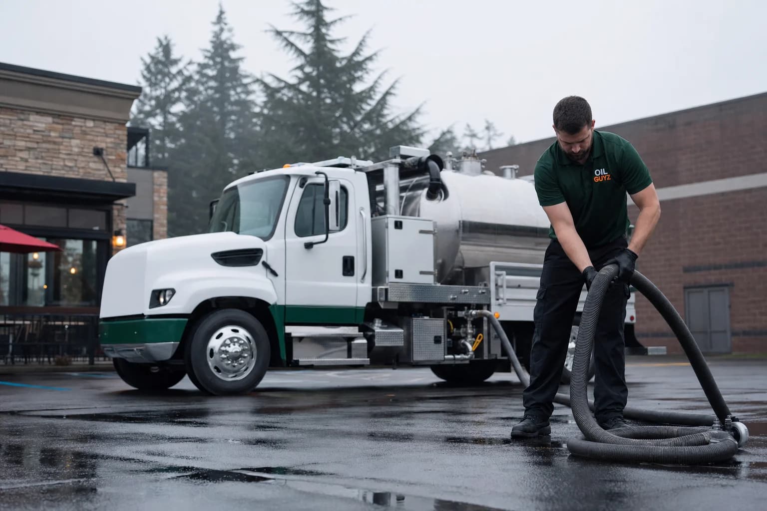 Free used cooking oil pickup at a Renton restaurant — unbranded white pump truck with hunter-green Oil Guyz technician